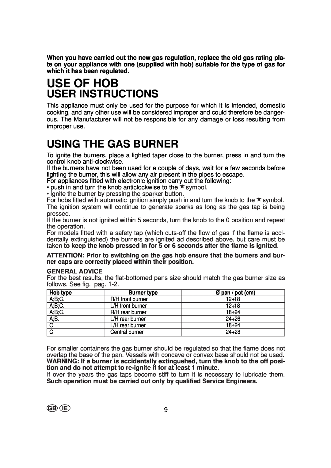 Hoover HGH 640 SW, HGH 640 W, HGH 640 SX, HGD 750 X manual Use Of Hob, User Instructions, Using The Gas Burner, General Advice 
