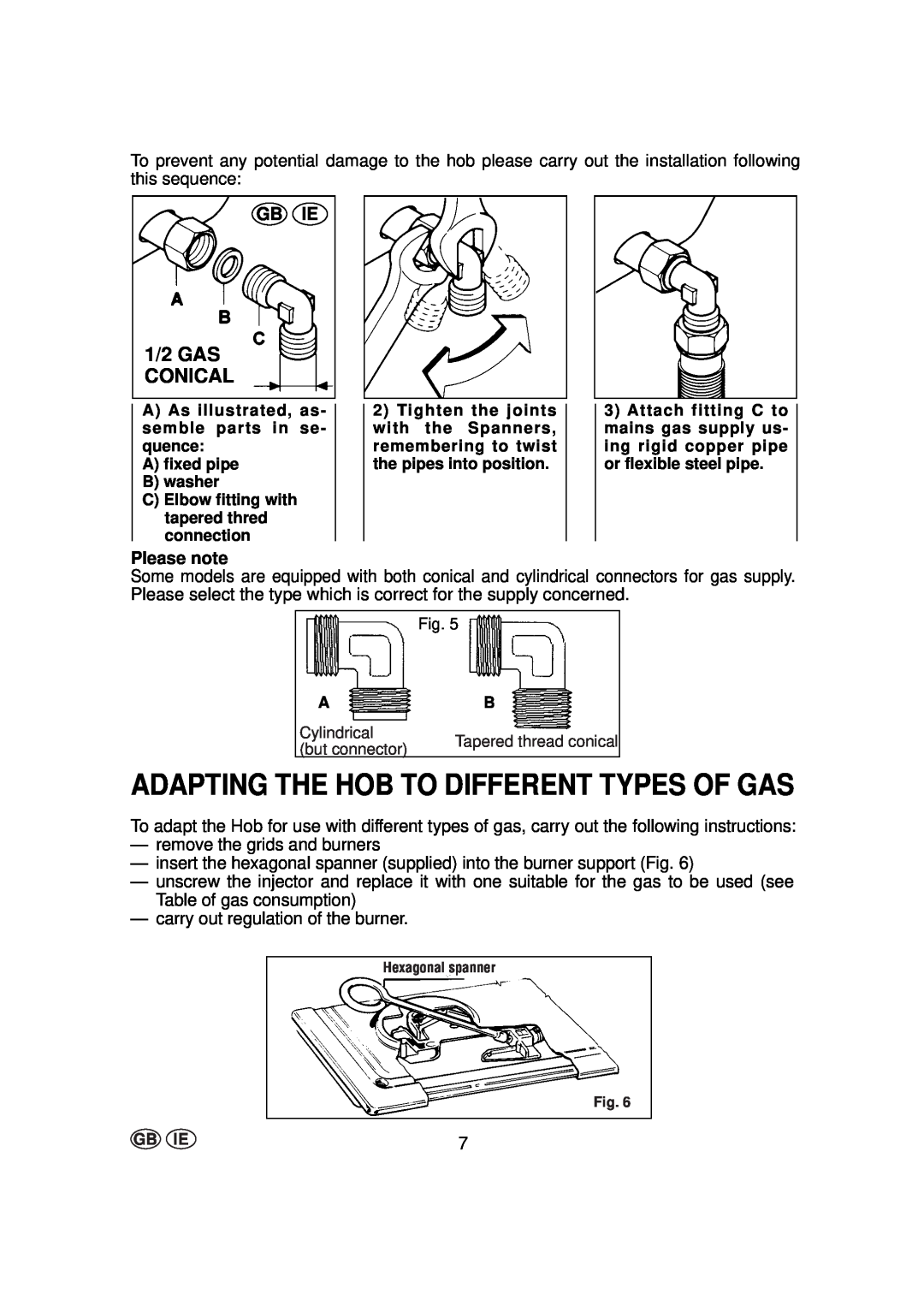 Hoover HGD 750 SGH, HGH 640 W, HGH 640 SX Adapting The Hob To Different Types Of Gas, Gb Ie, Please note, 1/2 GAS CONICAL 