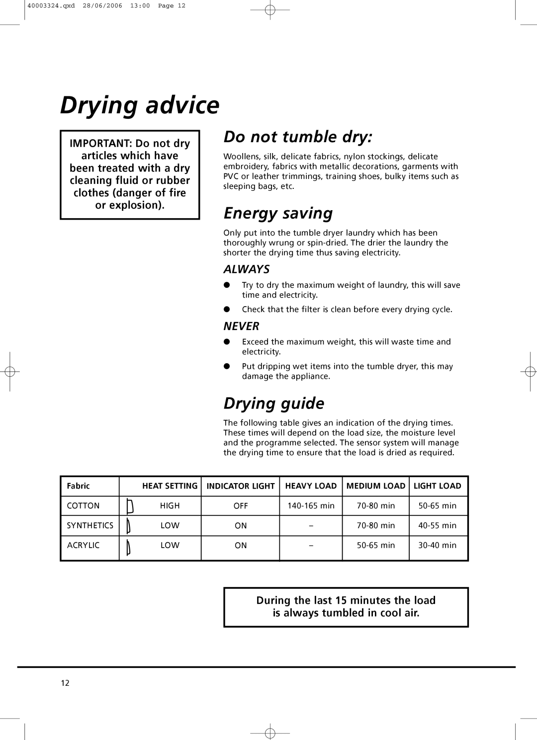 Hoover HHD780 X manual Drying advice, Do not tumble dry, Energy saving, Drying guide 