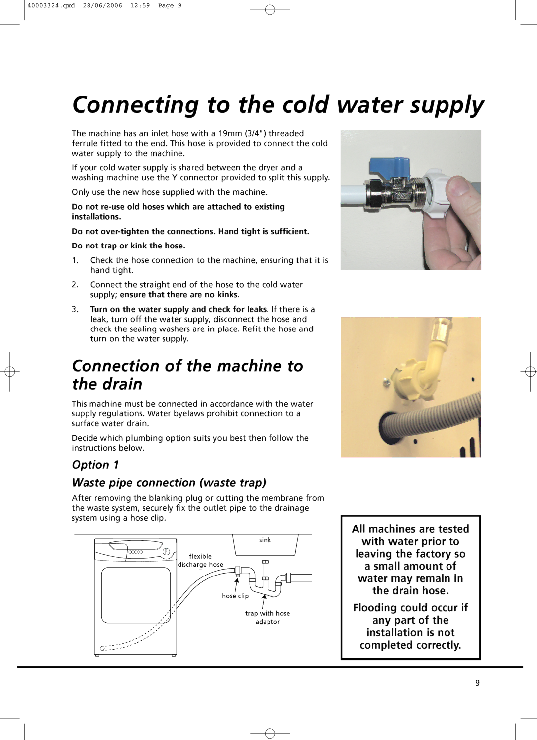 Hoover HHD780 X manual Connection of the machine to the drain, Option Waste pipe connection waste trap 