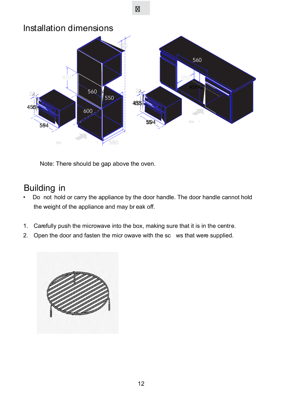 Hoover HMC440TX manual Installation dimensions 