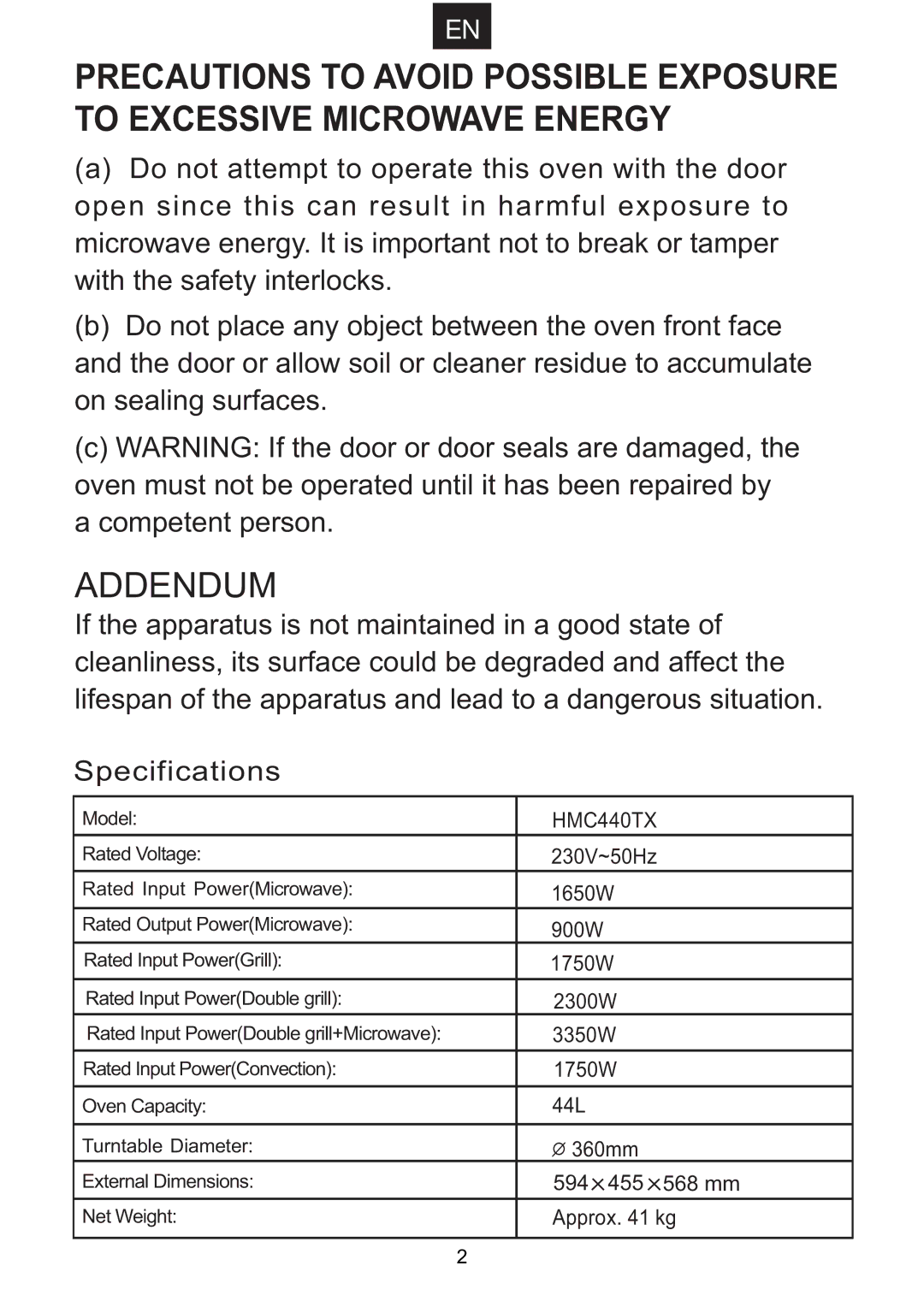 Hoover HMC440TX manual Addendum 