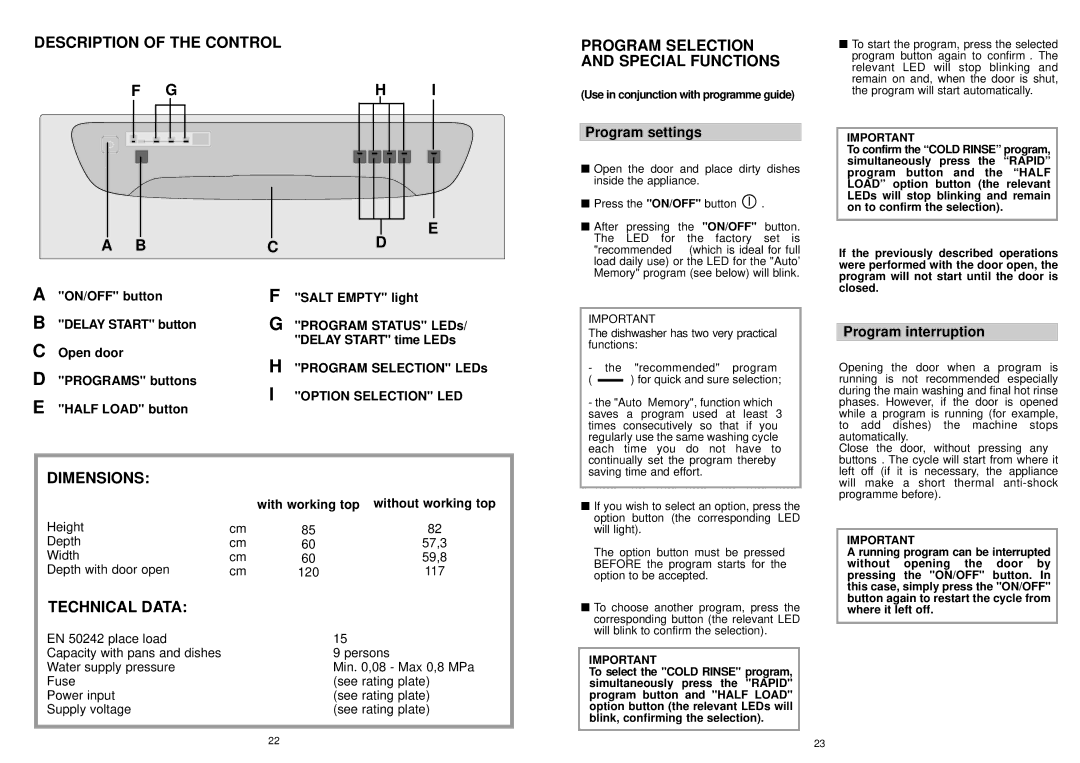 Hoover HND 615 SI manual Description of the Control, Dimensions, Technical Data, Program Selection and Special Functions 