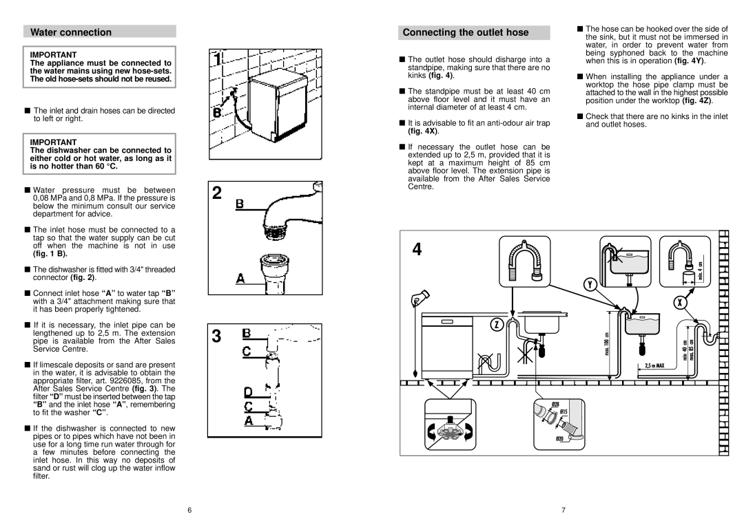 Hoover HND 615 SI manual Water connection, Connecting the outlet hose 