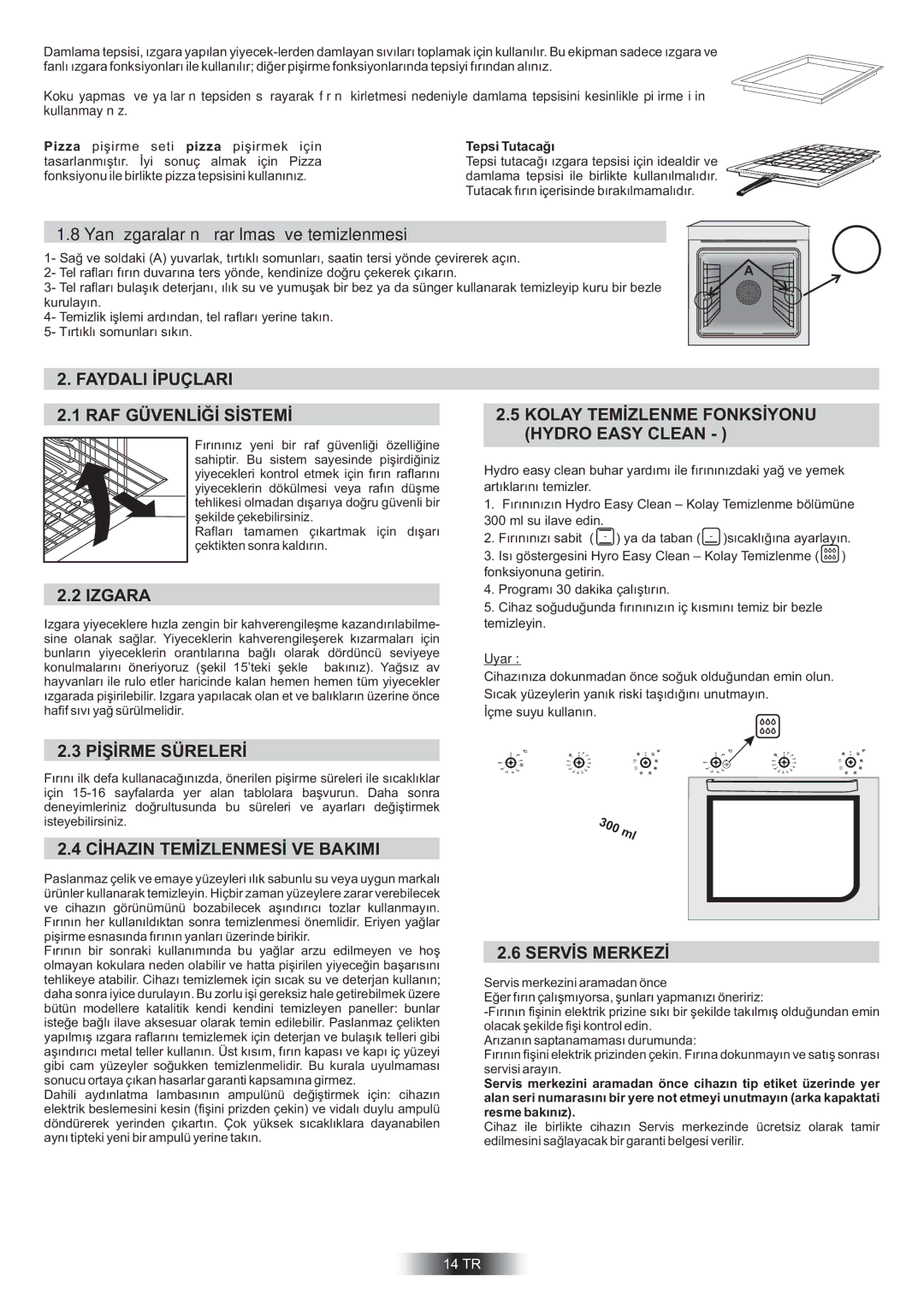 Hoover HOC709/6X manual Faydali İpuçlari RAF Güvenlİğİ Sİstemİ, Izgara, Pİşİrme Sürelerİ, Cİhazin Temİzlenmesİ VE Bakimi 