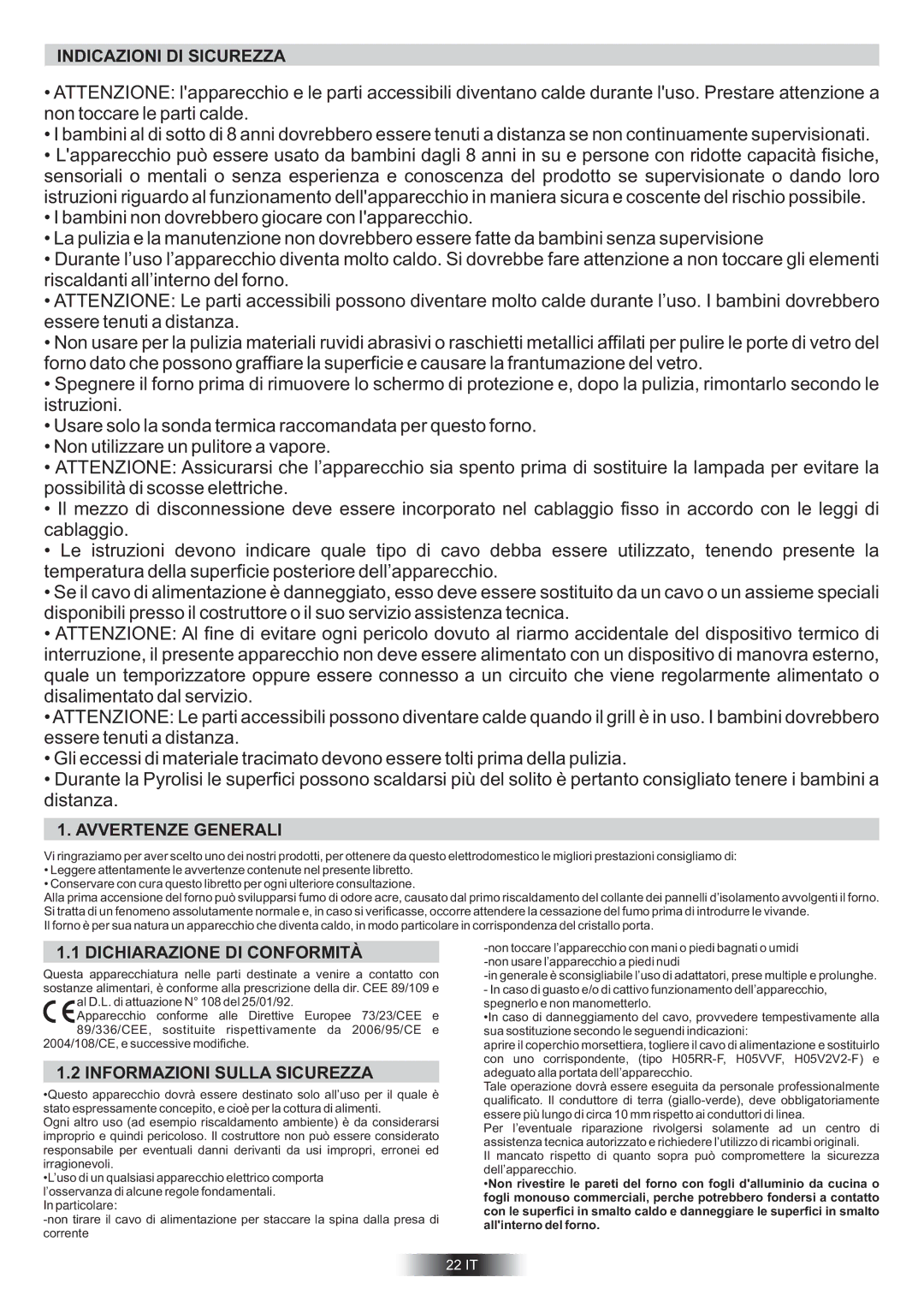 Hoover HCM906/6BPP, HOC709/6BX, HOC024/6X manual Indicazioni DI Sicurezza, Avvertenze Generali, Dichiarazione DI Conformità 