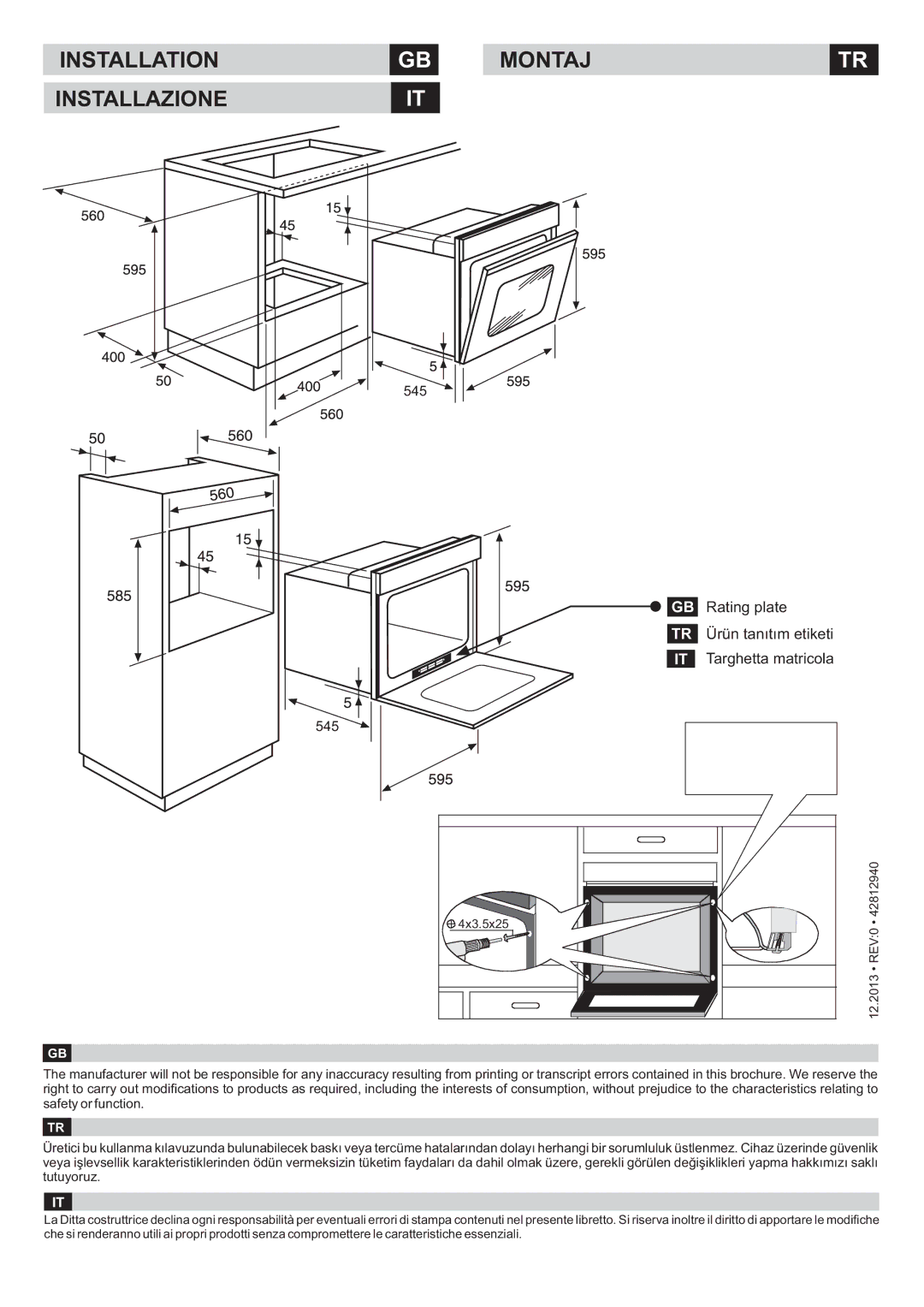 Hoover HOC709/6X, HOC709/6BX, HOC024/6X, HOC1060/6X, HCM906/6BPP, HOC1060/6B manual Installation Montaj Installazioneit, 545 