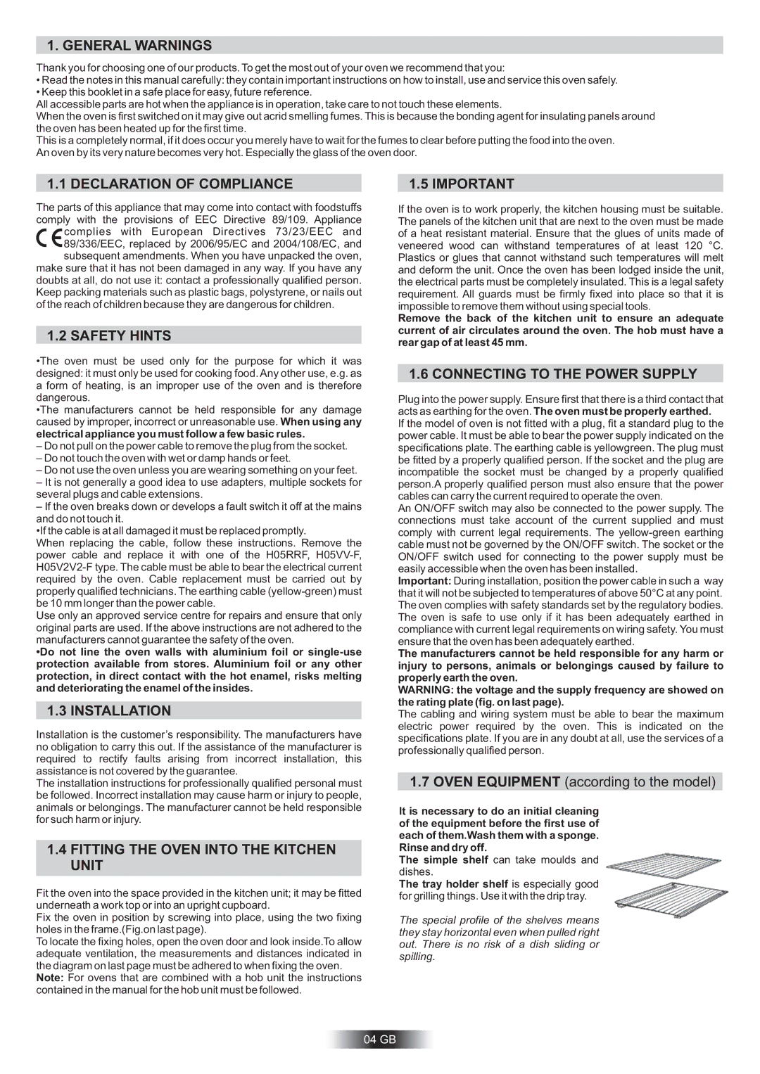 Hoover HCM906/6BPP General Warnings, Declaration of Compliance, Safety Hints, Installation, Connecting to the Power Supply 