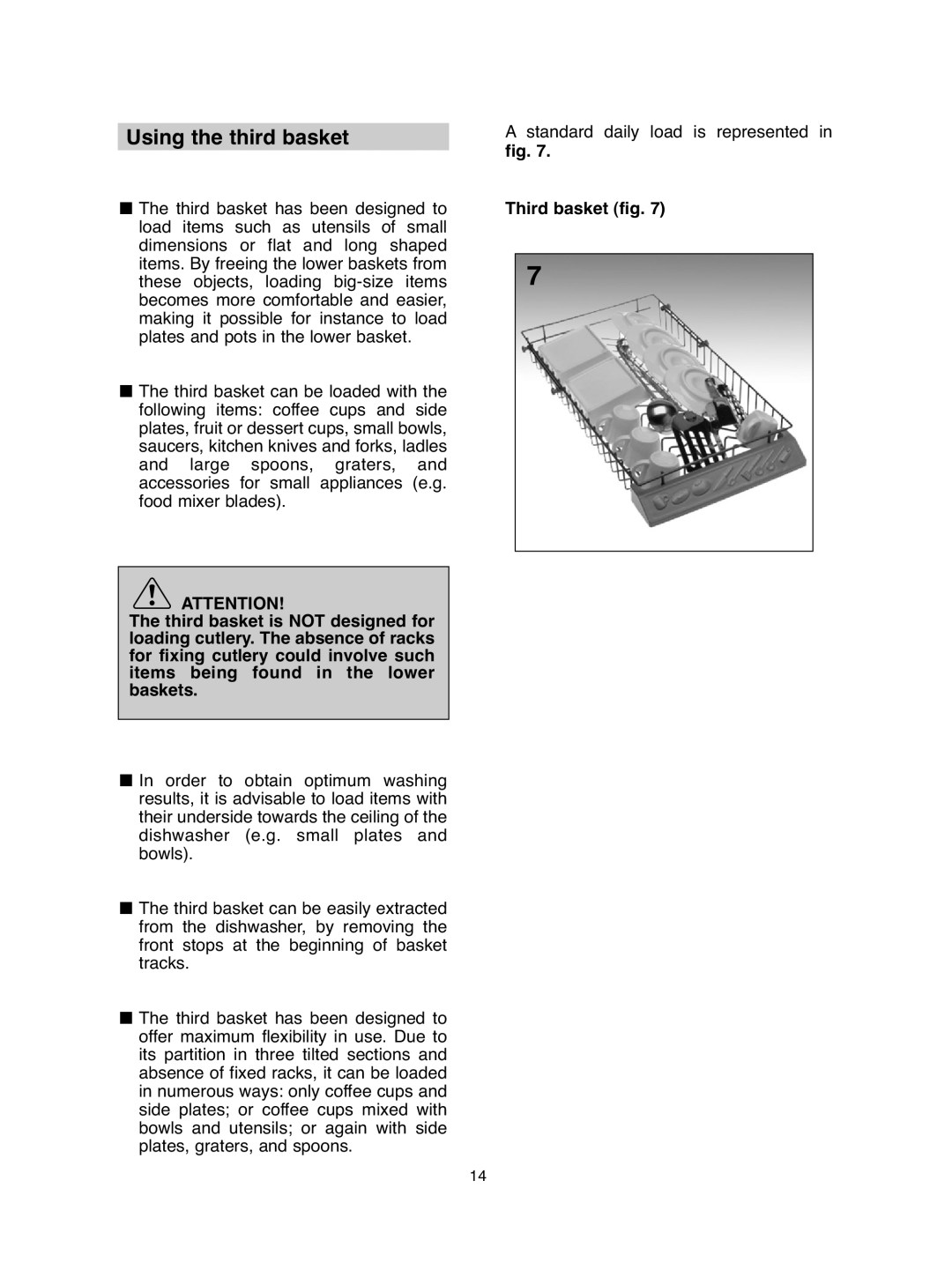 Hoover hoover dishwasher manual Using the third basket, Third basket fig 