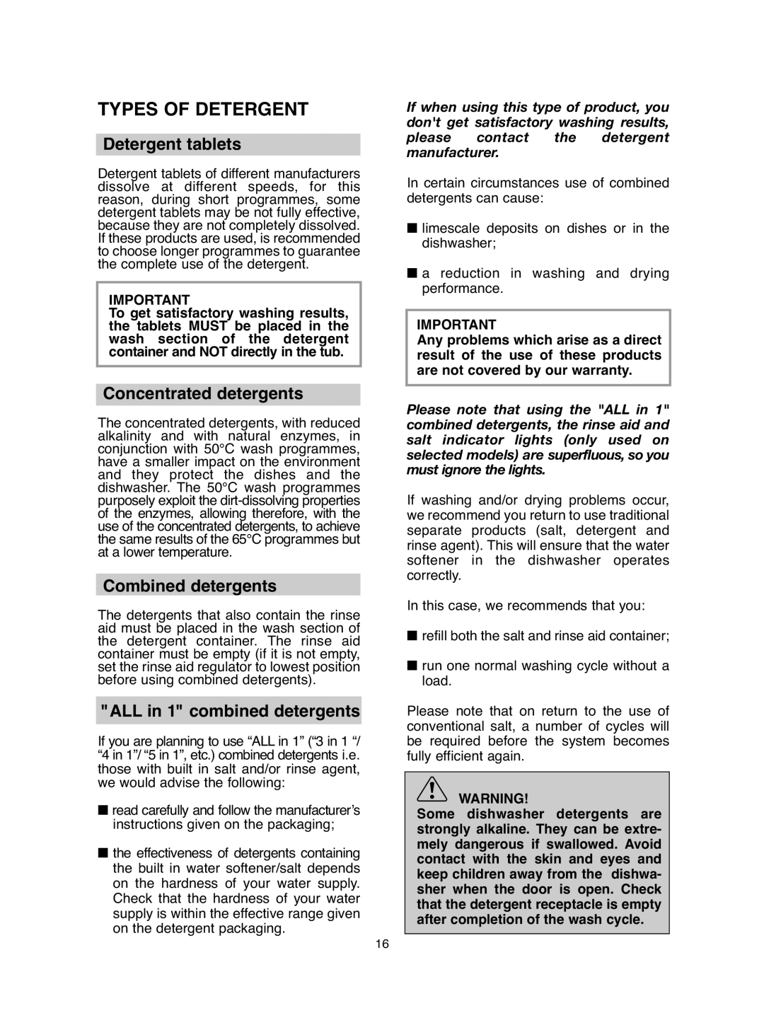 Hoover hoover dishwasher manual Types of Detergent, Detergent tablets, Concentrated detergents, Combined detergents 