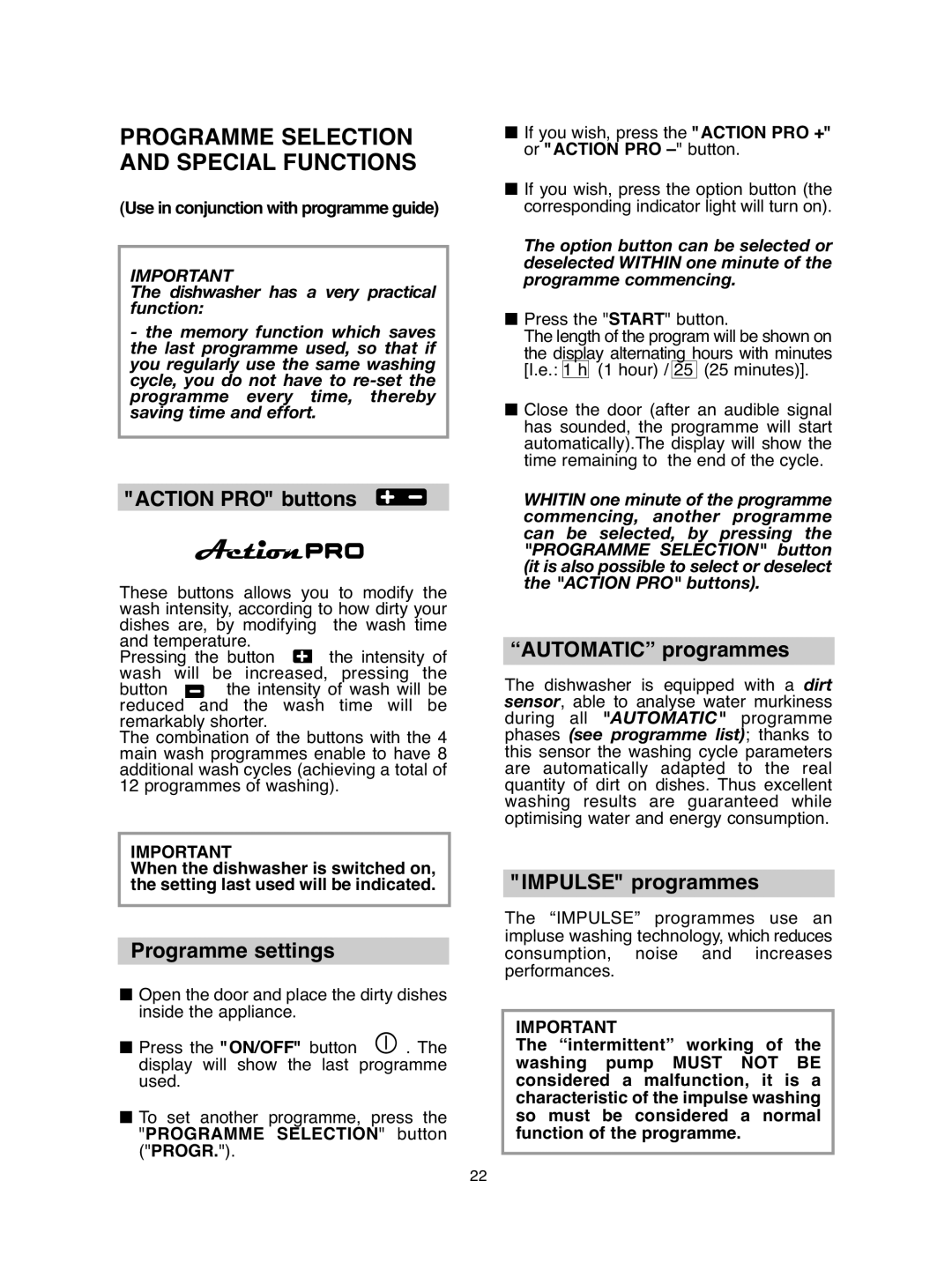 Hoover hoover dishwasher manual Programme Selection and Special Functions, Action PRO buttons, Programme settings 