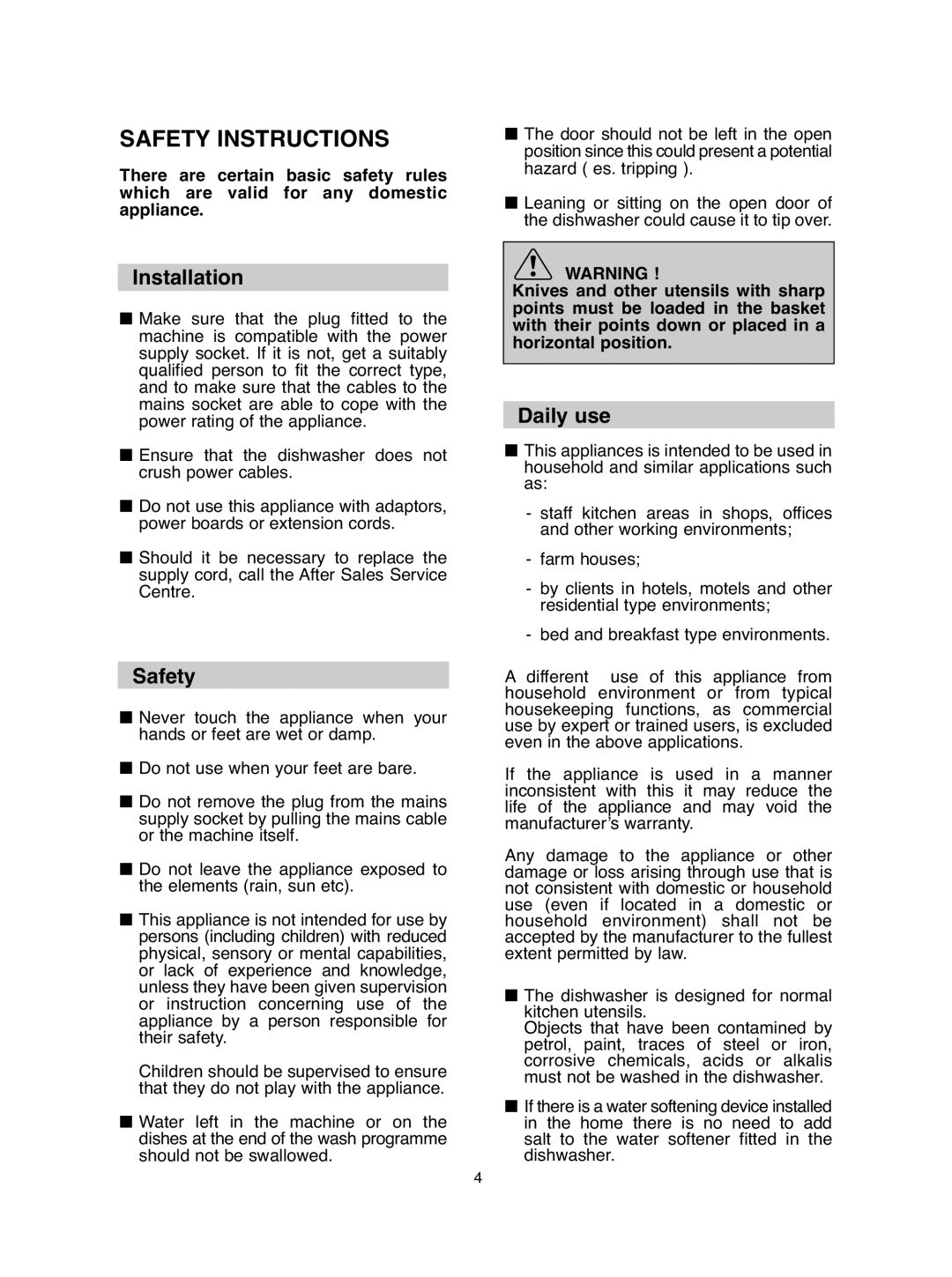 Hoover hoover dishwasher manual Safety Instructions, Installation, Daily use 