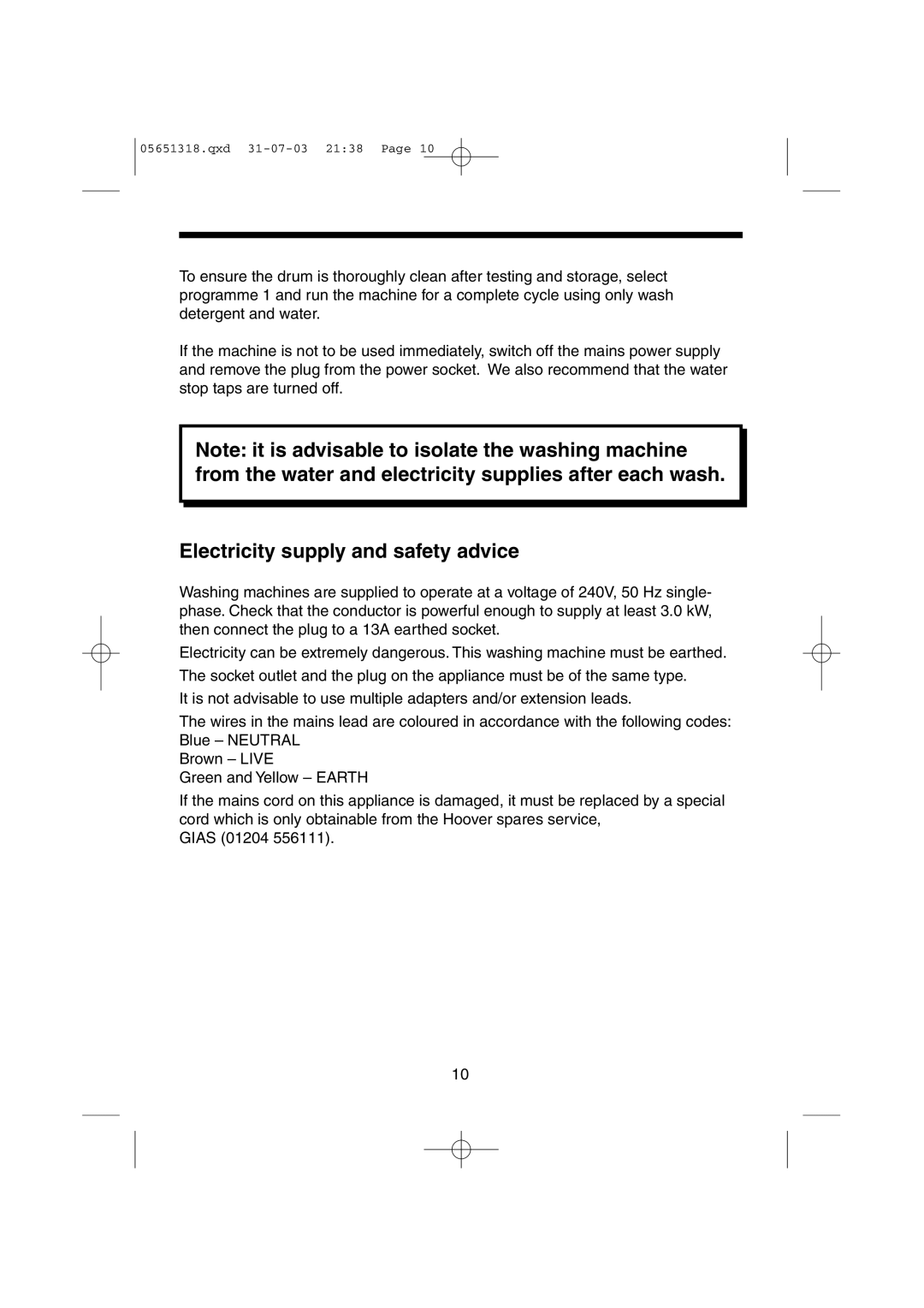 Hoover HPM150, HPM130, HPM110, HPM120 manual Electricity supply and safety advice 