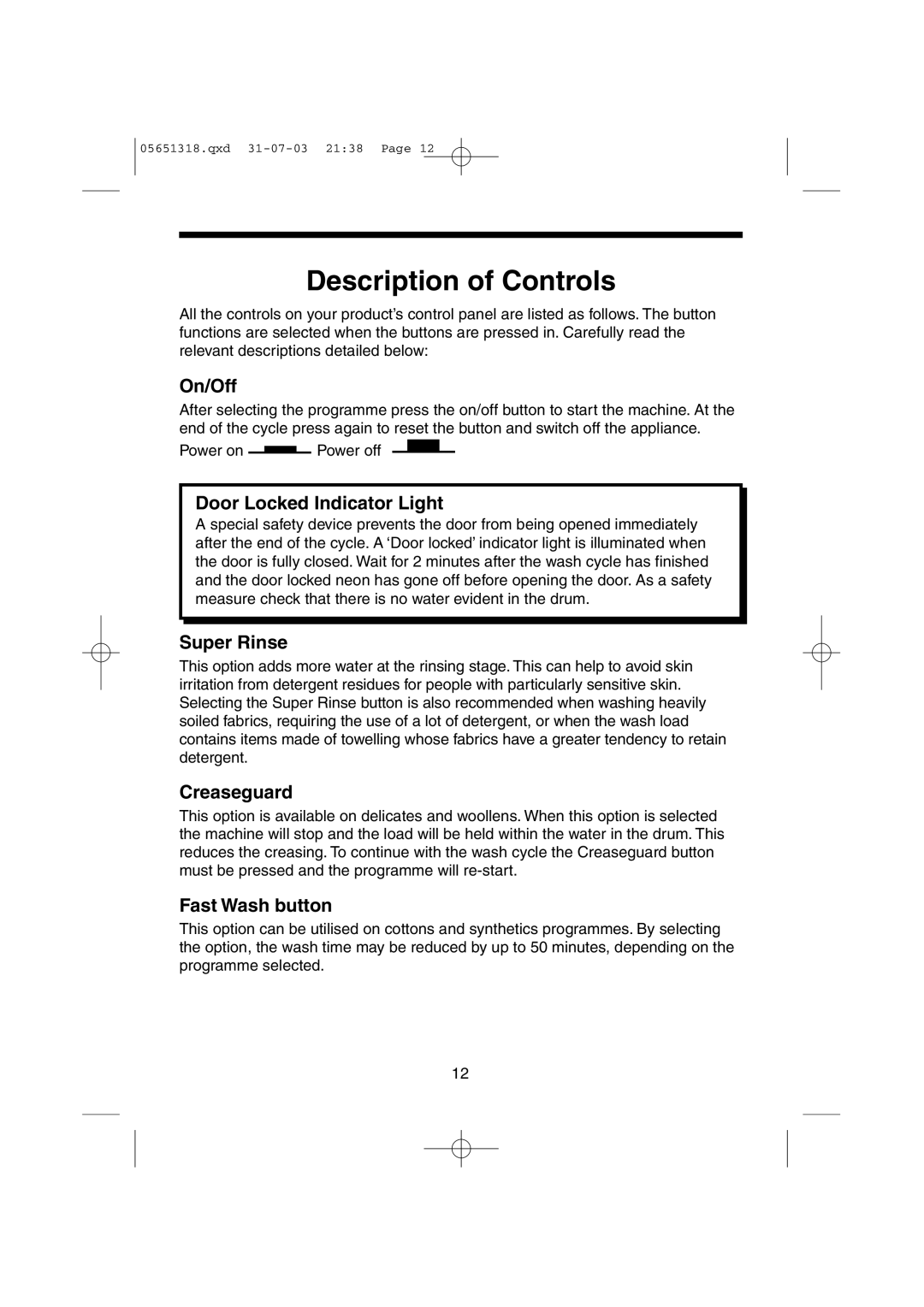 Hoover HPM130, HPM110, HPM150, HPM120 manual Description of Controls, On/Off 