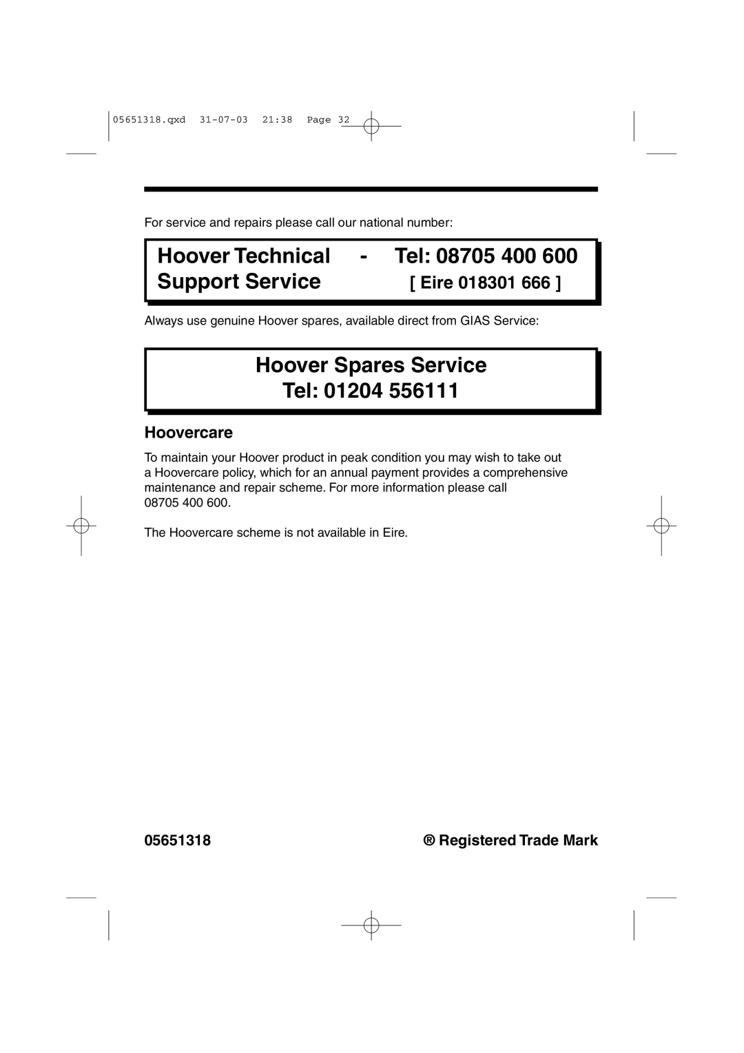 Hoover HPM130, HPM110, HPM150, HPM120 manual Hoover Spares Service Tel 01204, Hoovercare 