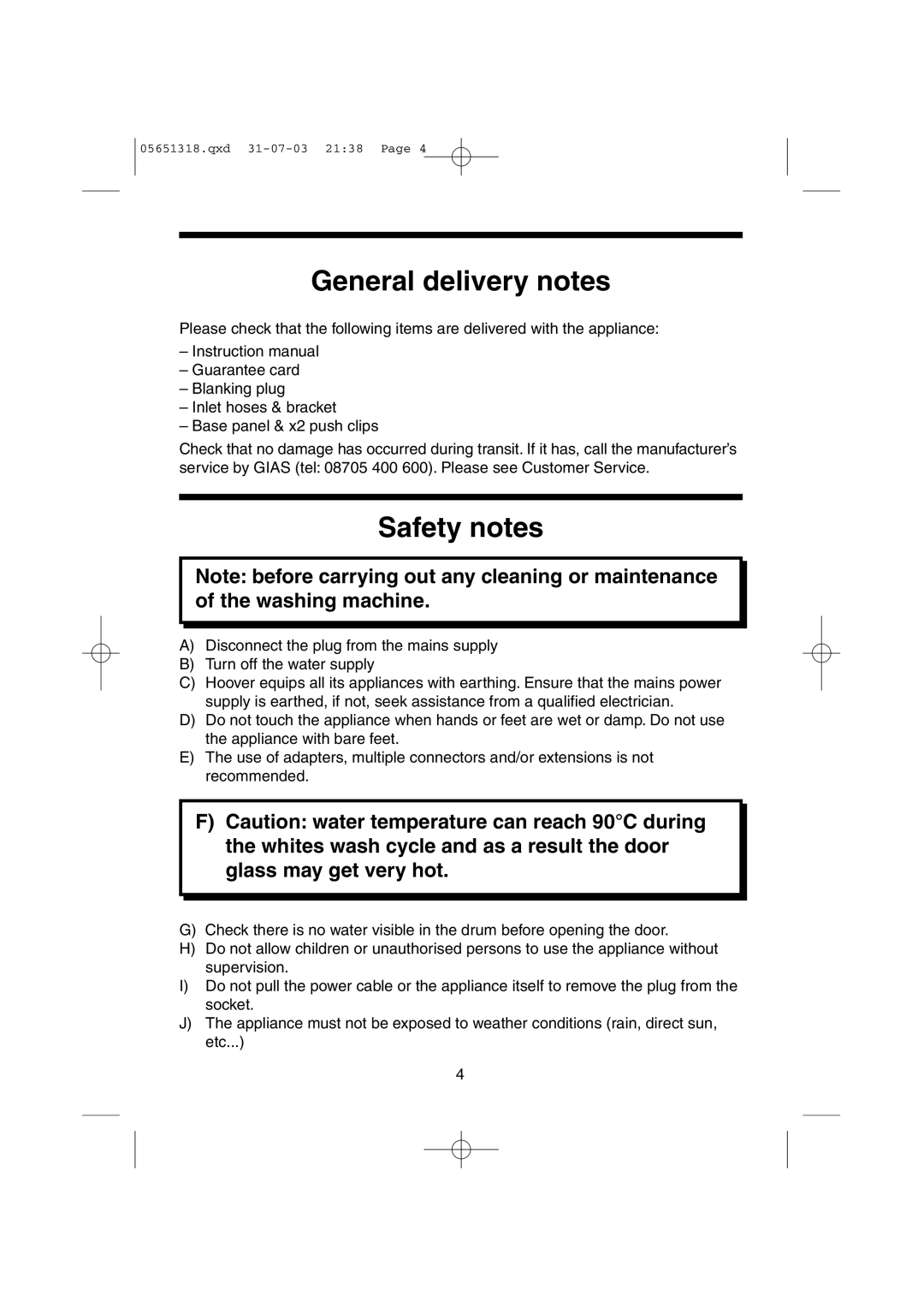 Hoover HPM130, HPM110, HPM150, HPM120 manual General delivery notes, Safety notes 