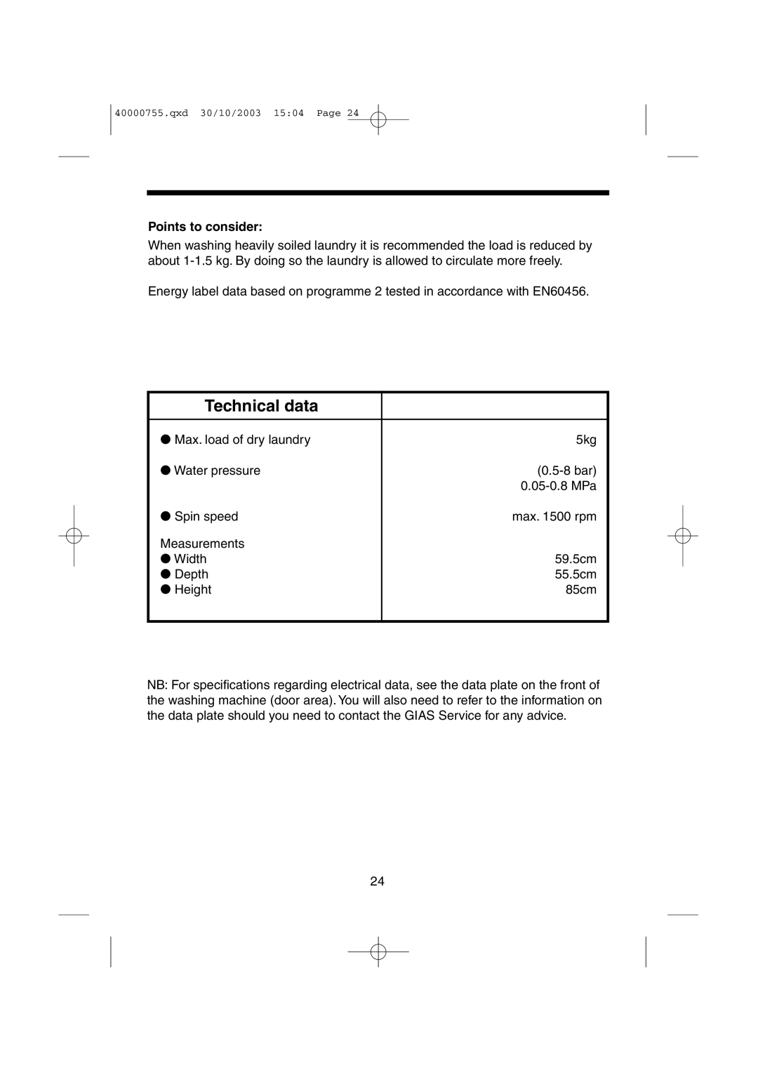 Hoover HSW150M manual Technical data, Points to consider 