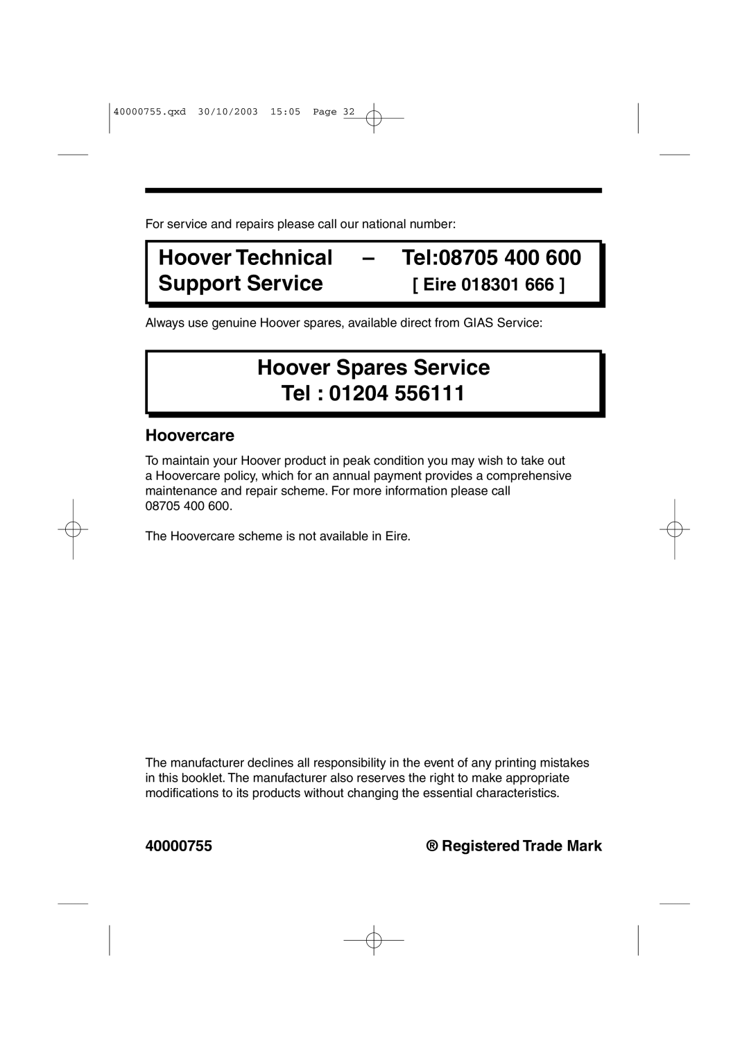 Hoover HSW150M manual Hoover Spares Service Tel 01204, Hoovercare 