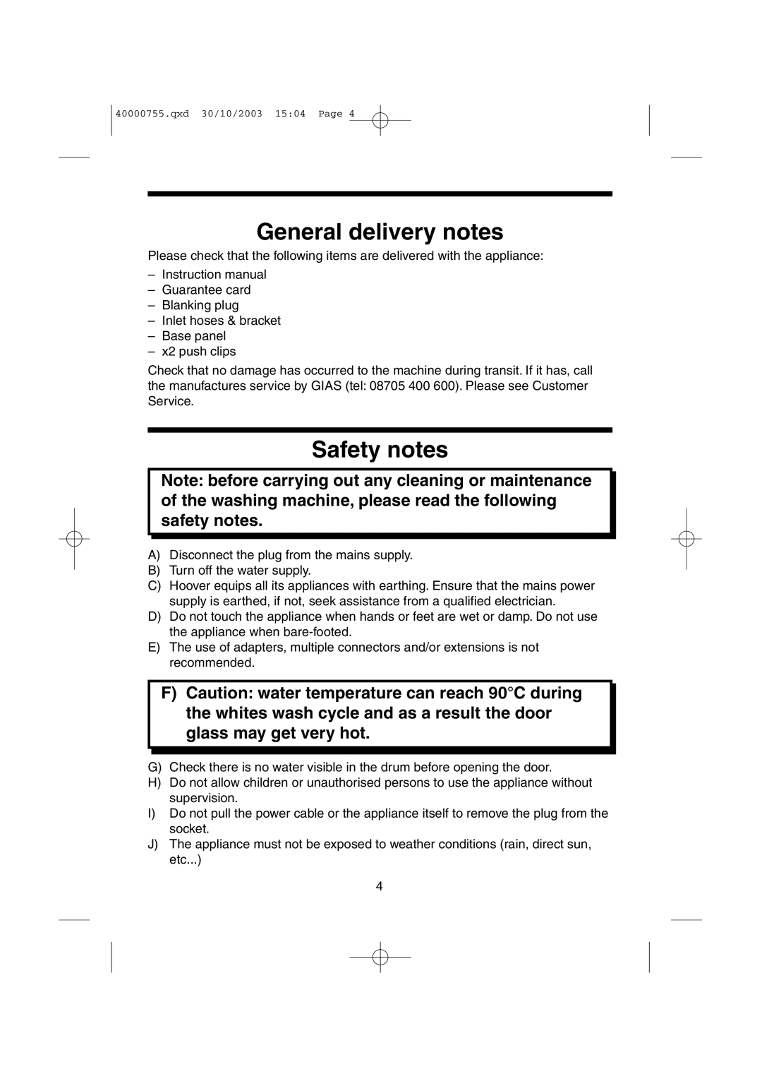 Hoover HSW150M manual General delivery notes, Safety notes 