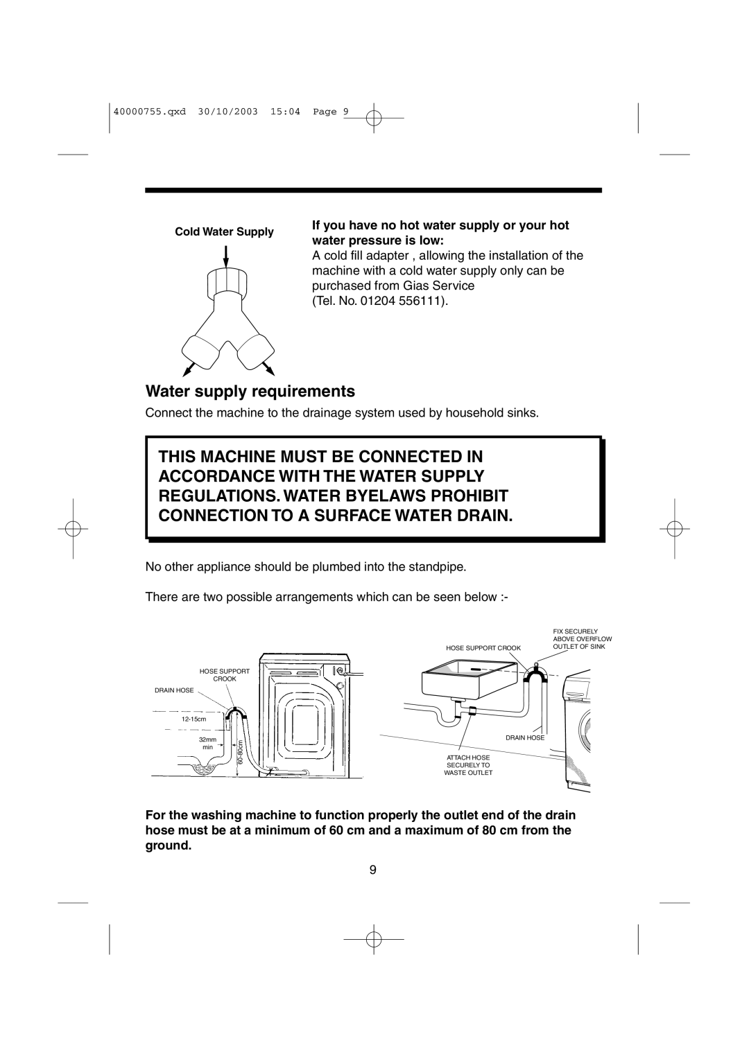 Hoover HSW150M manual Water supply requirements 