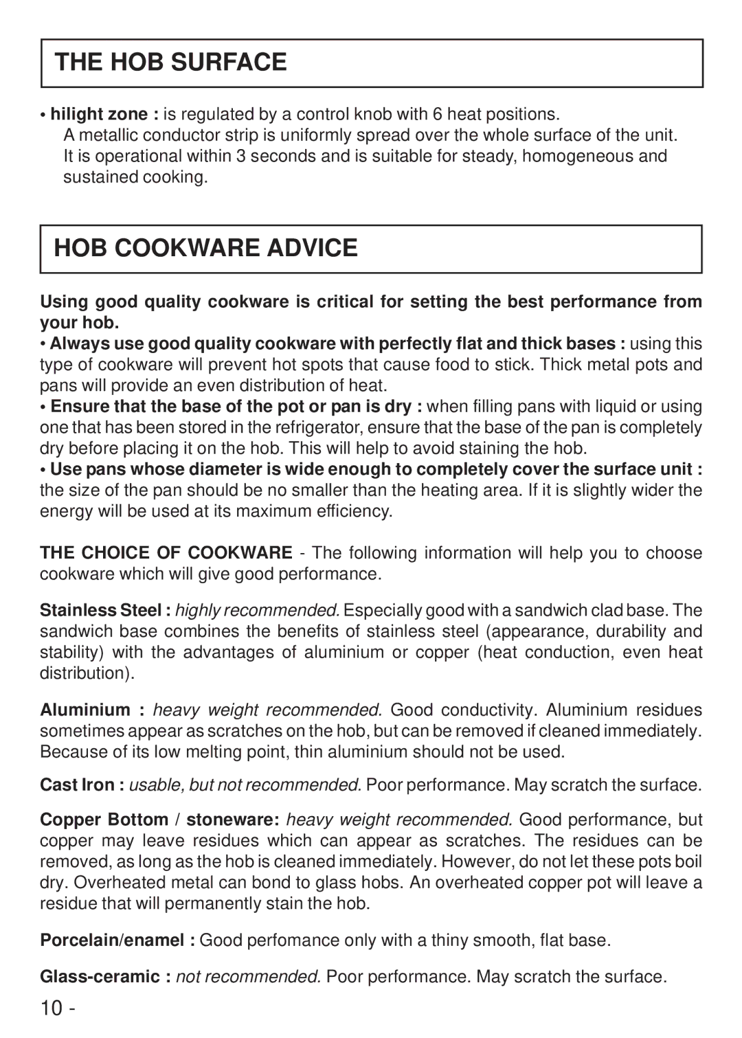 Hoover HVK 400 manual HOB Surface, HOB Cookware Advice 