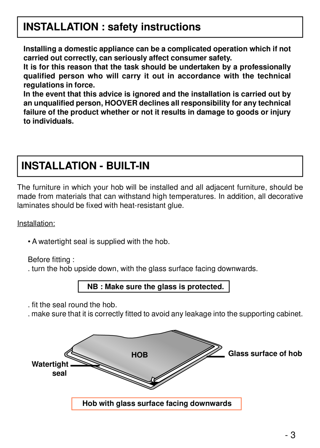 Hoover HVK 400 manual INSTALLATION safety instructions, Installation - Built-In 