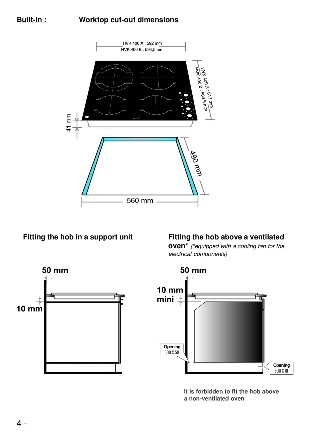 Hoover HVK 400 Built-in Worktop cut-out dimensions, Fitting the hob in a support unit, Fitting the hob above a ventilated 