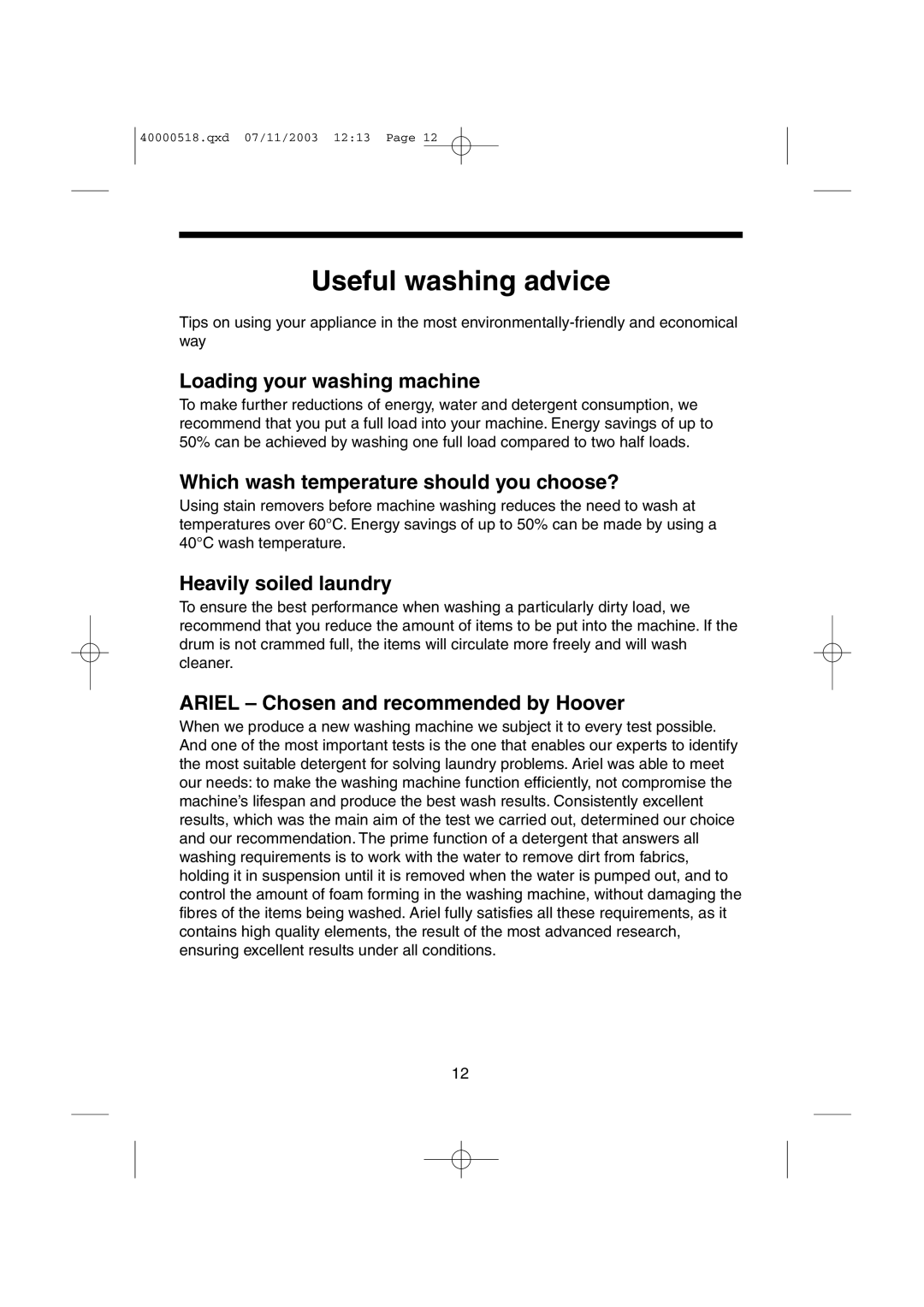 Hoover HW6313M, HW6316M Useful washing advice, Loading your washing machine, Which wash temperature should you choose? 