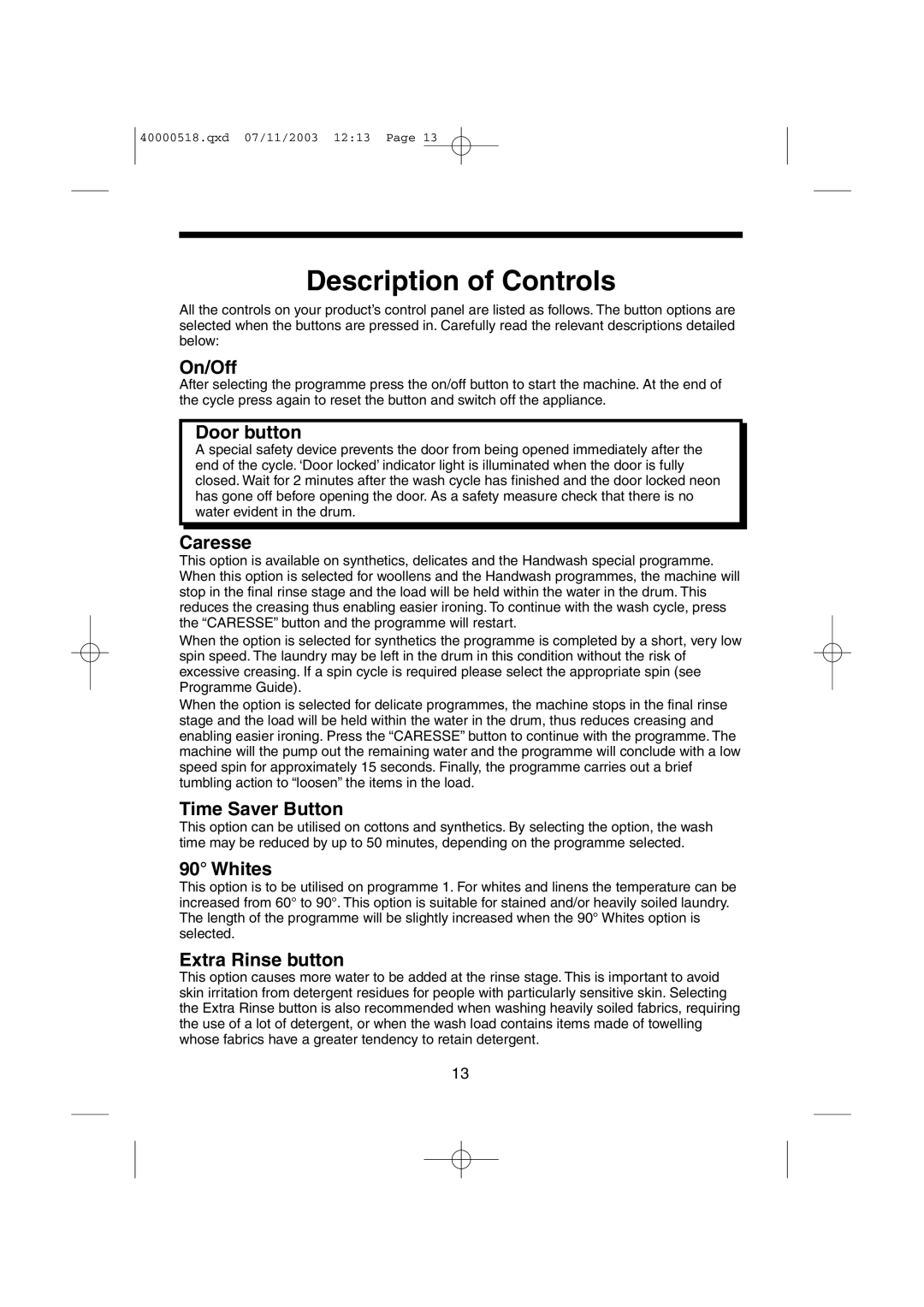 Hoover HW6316M, HW6313M manual Description of Controls 