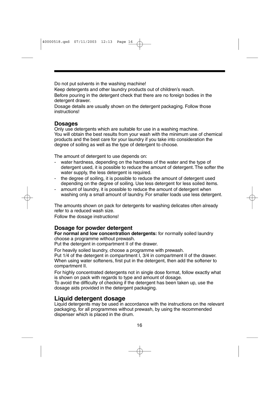 Hoover HW6313M, HW6316M manual Liquid detergent dosage, Dosages, Dosage for powder detergent 