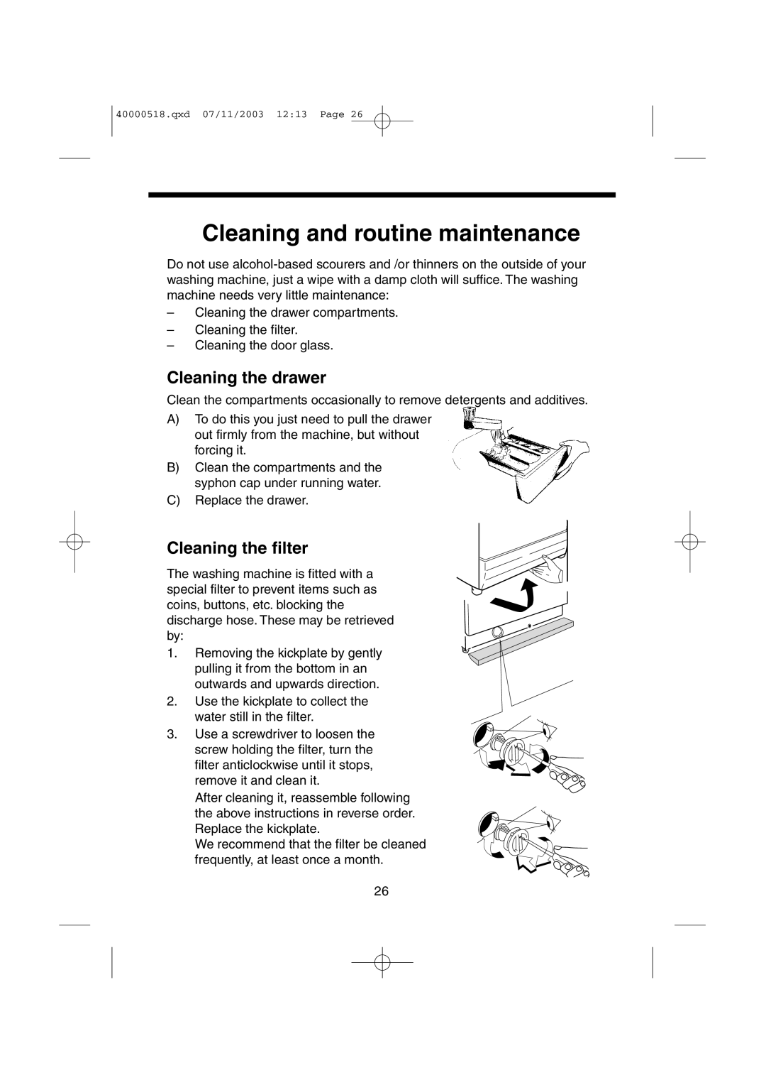 Hoover HW6313M, HW6316M manual Cleaning and routine maintenance, Cleaning the drawer, Cleaning the filter 