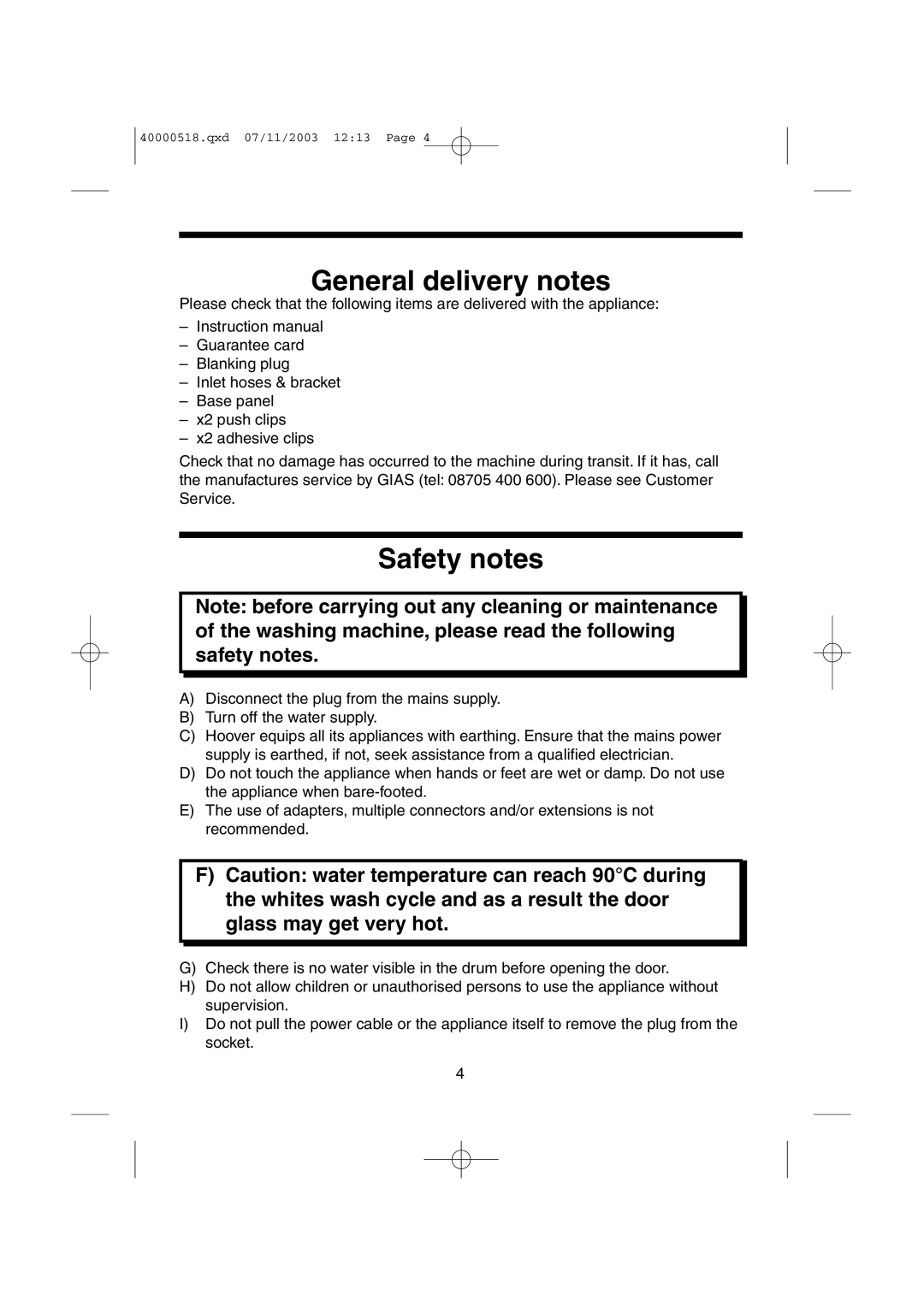 Hoover HW6313M, HW6316M manual General delivery notes, Safety notes 