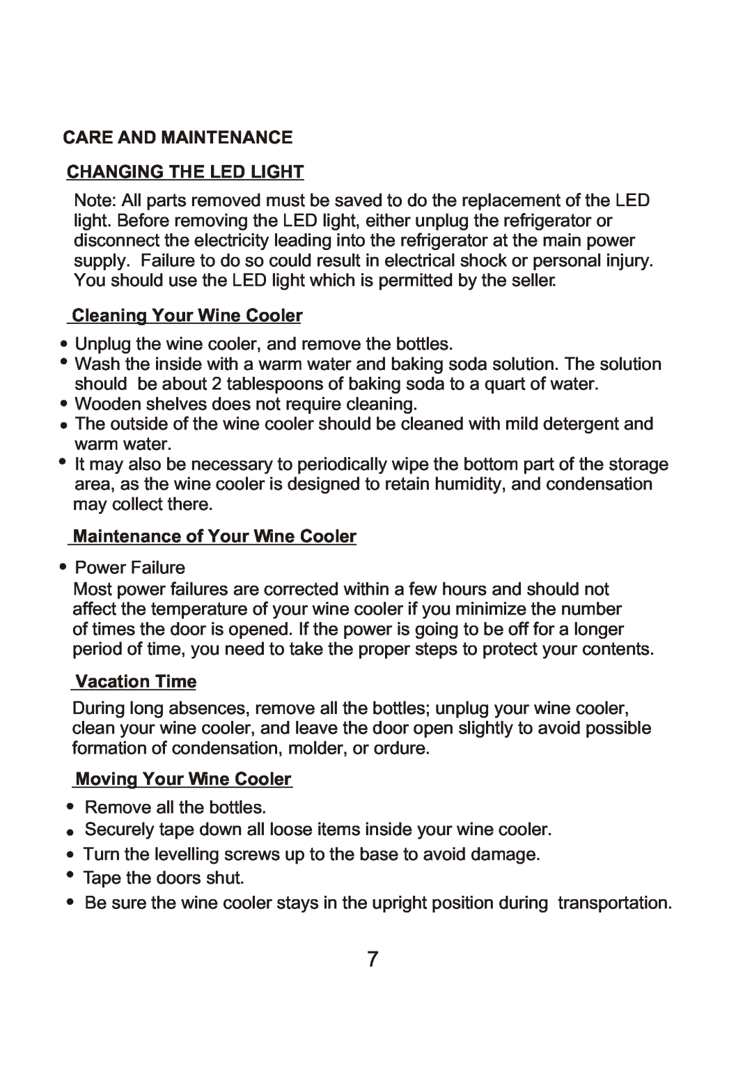 Hoover HWC 2335 Care And Maintenance Changing The Led Light, Cleaning Your Wine Cooler, Maintenance of Your Wine Cooler 