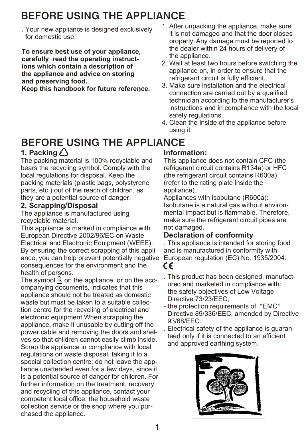 Hoover HWC 2536DL instruction manual Packing, Scrapping/Disposal, Information, Declaration of conformity 