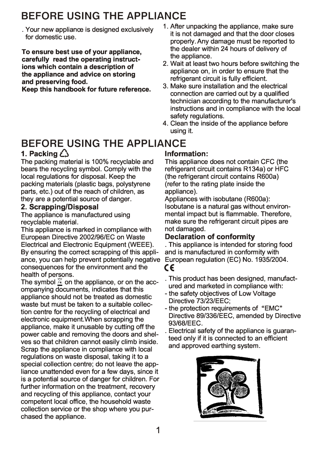 Hoover HWC 2536DL instruction manual Packing, Scrapping/Disposal, Information, Declaration of conformity 