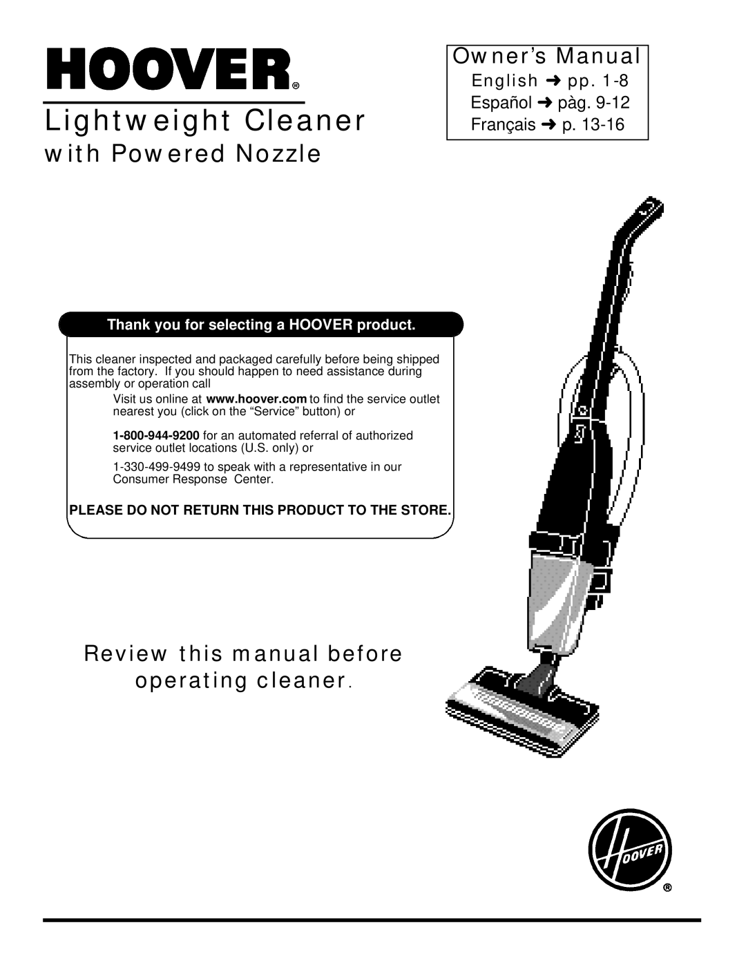 Hoover owner manual Lightweight Cleaner 