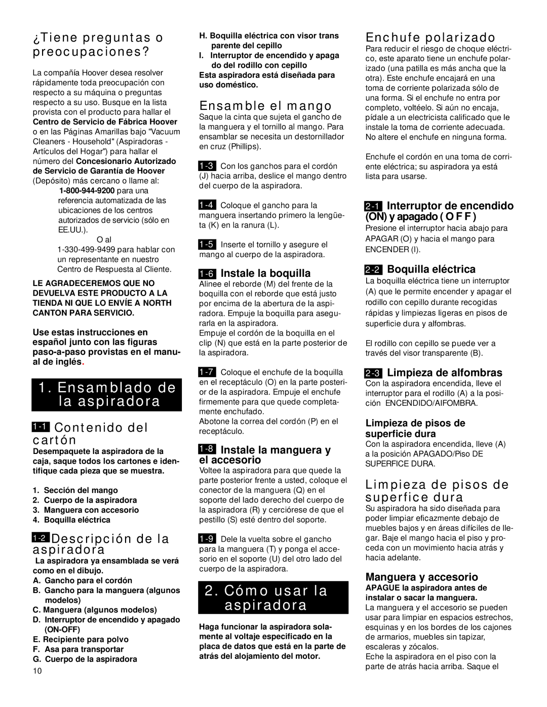 Hoover ightweight Cleaner owner manual Ensamblado de la aspiradora, Cómo usar la aspiradora 