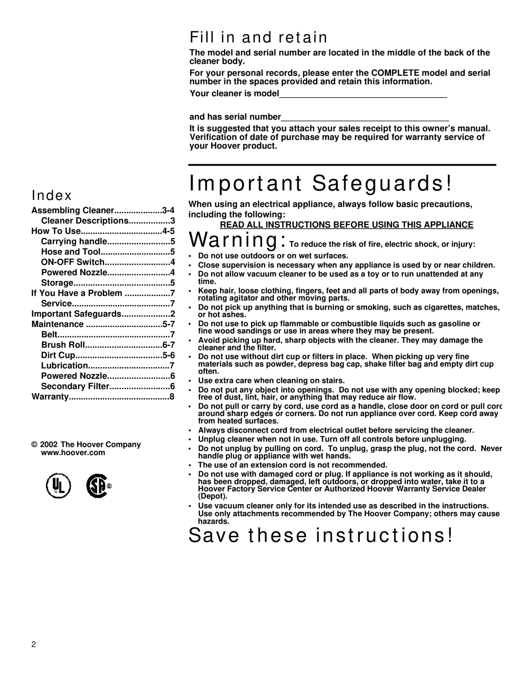 Hoover ightweight Cleaner owner manual Index, Read ALL Instructions Before Using this Appliance 