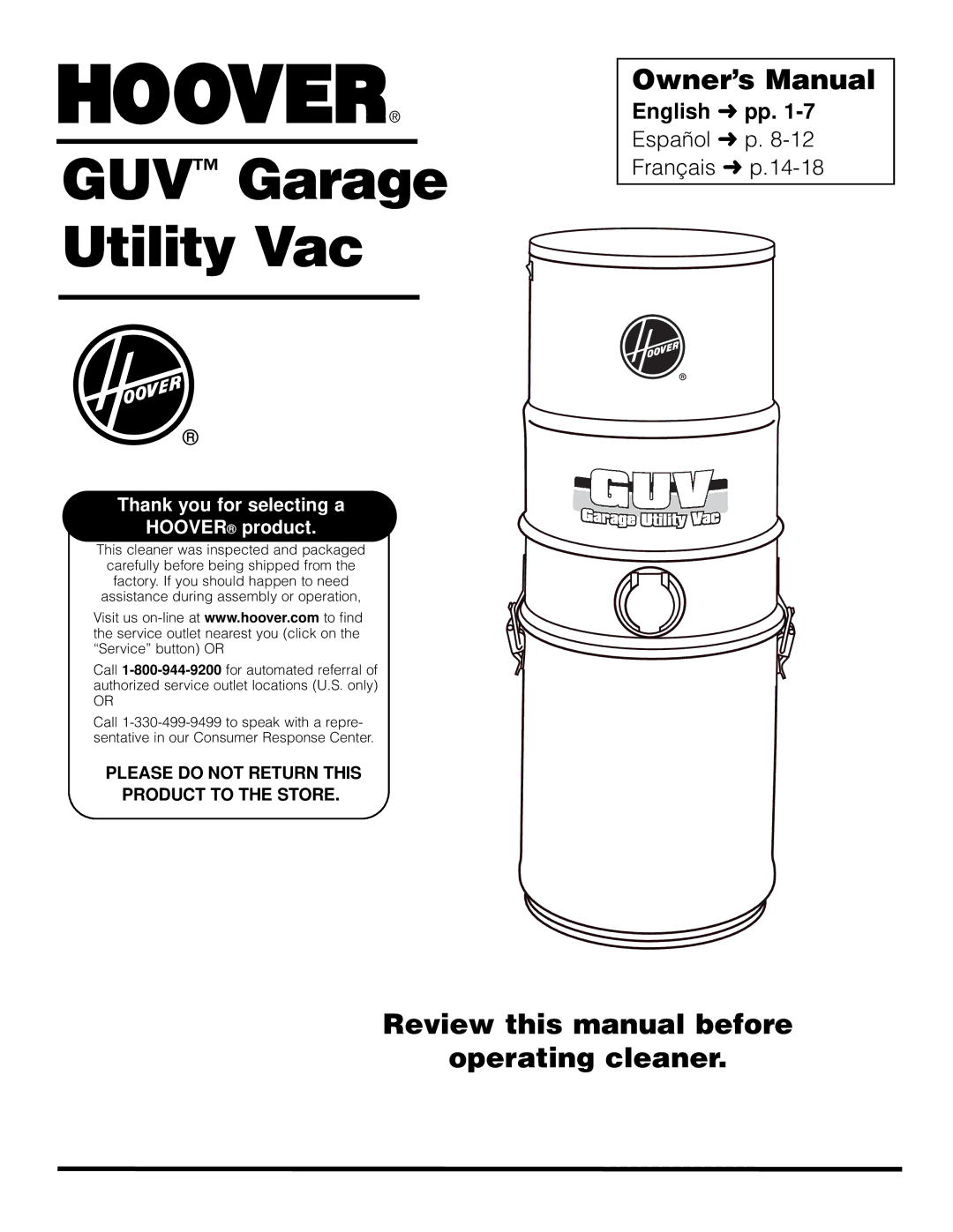 Hoover L2310 owner manual GUV Garage Utility Vac, Review this manual before Operating cleaner 