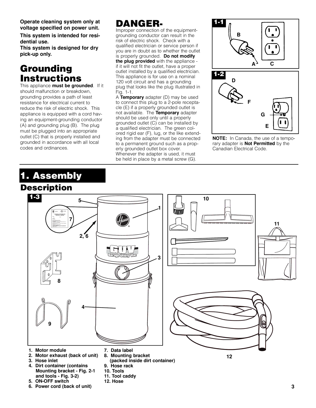 Hoover L2310 owner manual Grounding Instructions, Assembly, Description 