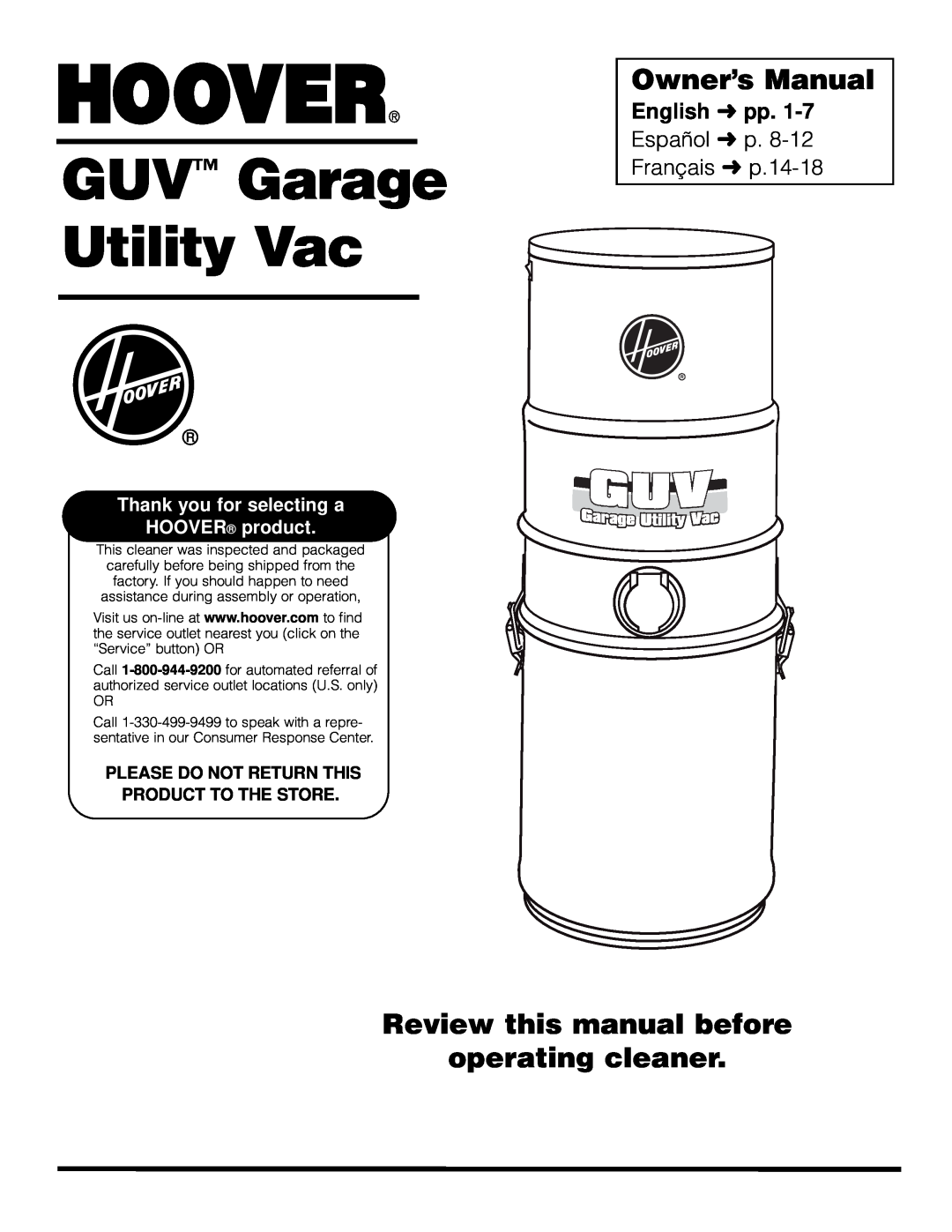 Hoover L2310 owner manual Owner’s Manual, Review this manual before operating cleaner, GUV Garage Utility Vac 