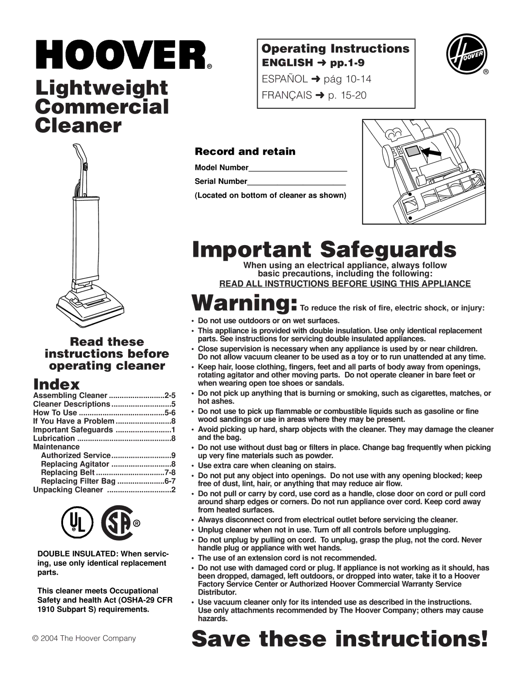 Hoover Lightweight Commercial Cleaner warranty Index, Operating Instructions 