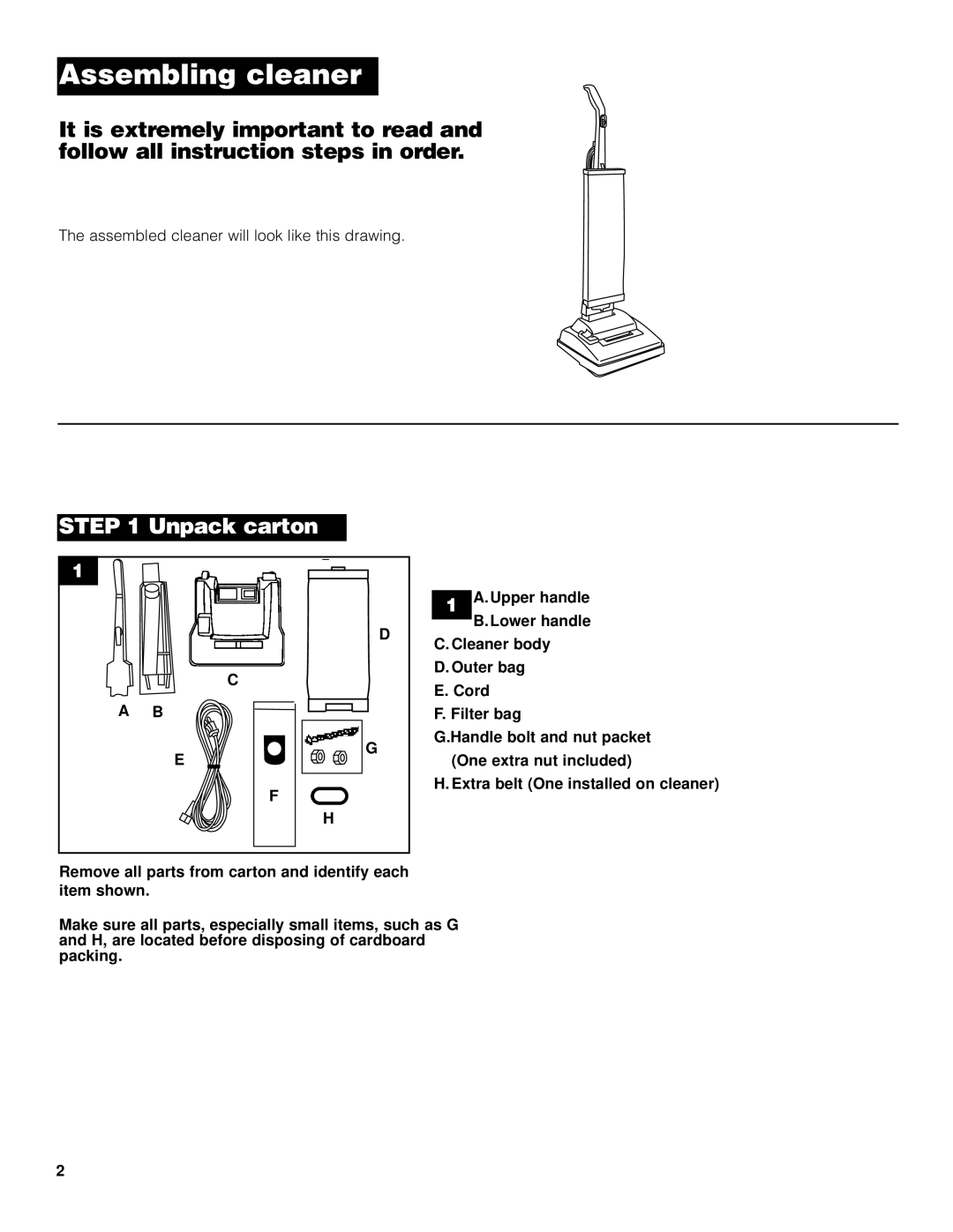 Hoover Lightweight Commercial Cleaner warranty Assembling cleaner, Unpack carton 