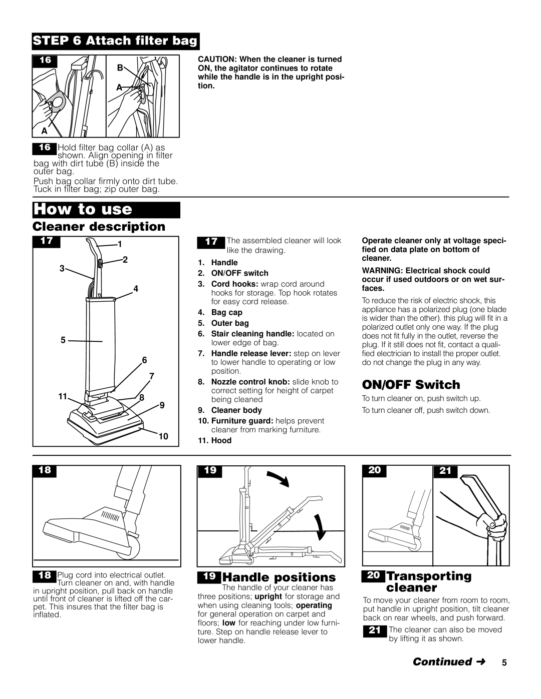 Hoover Lightweight Commercial Cleaner warranty How to use, Attach filter bag 