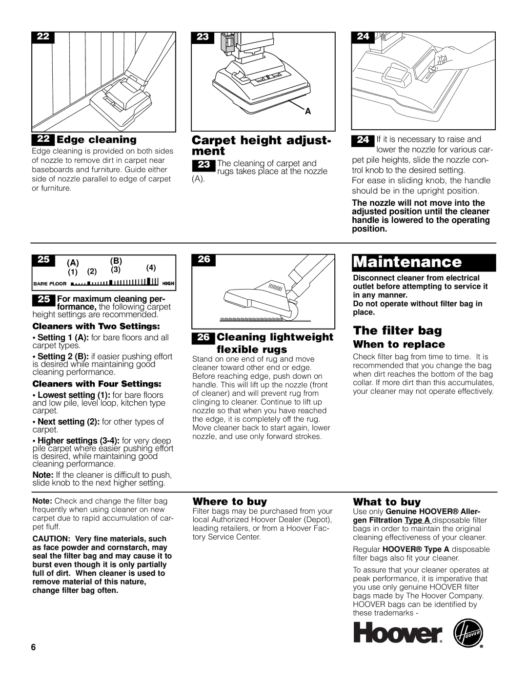 Hoover Lightweight Commercial Cleaner Maintenance, Carpet height adjust- ment, Filter bag, Cleaners with Two Settings 