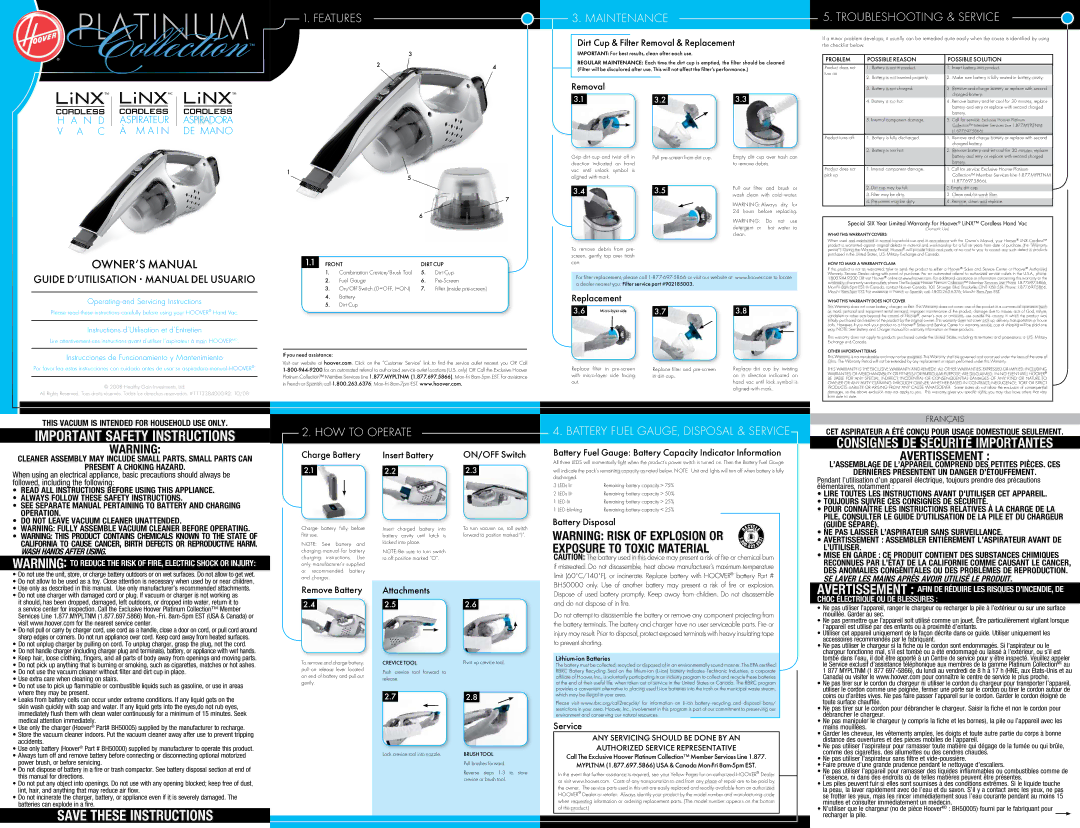 Hoover LiNX owner manual Maintenance, Troubleshooting & Service, HOW to Operate Battery Fuel GAUGE, Disposal & Service 