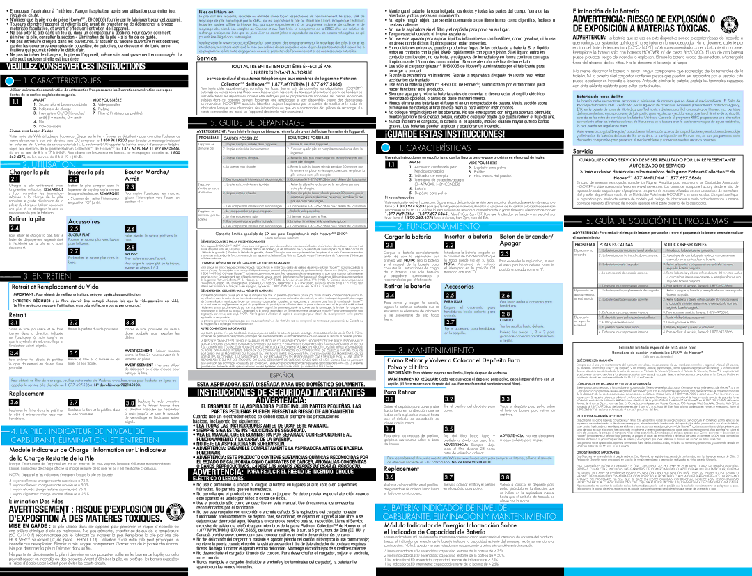 Hoover LiNX Caractéristiques, Guide DE Dèpannage, Características, Utilisation, Funcionamiento, Entretien, Mantenimiento 