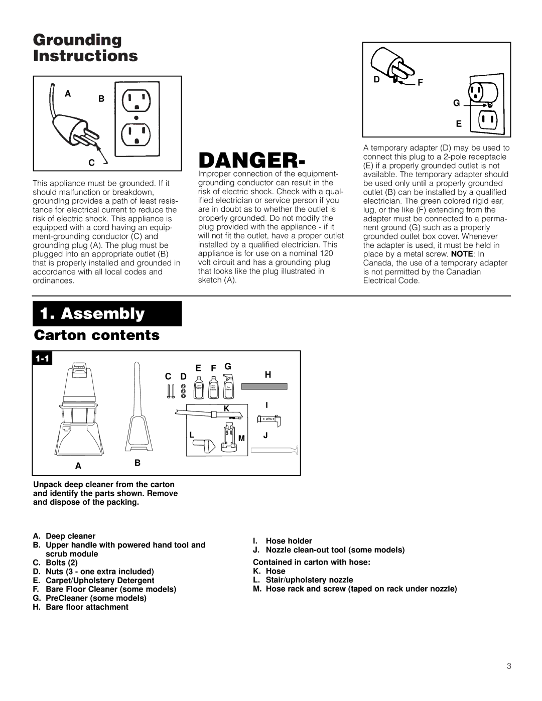 Hoover LS manual Grounding Instructions, Assembly, Carton contents 