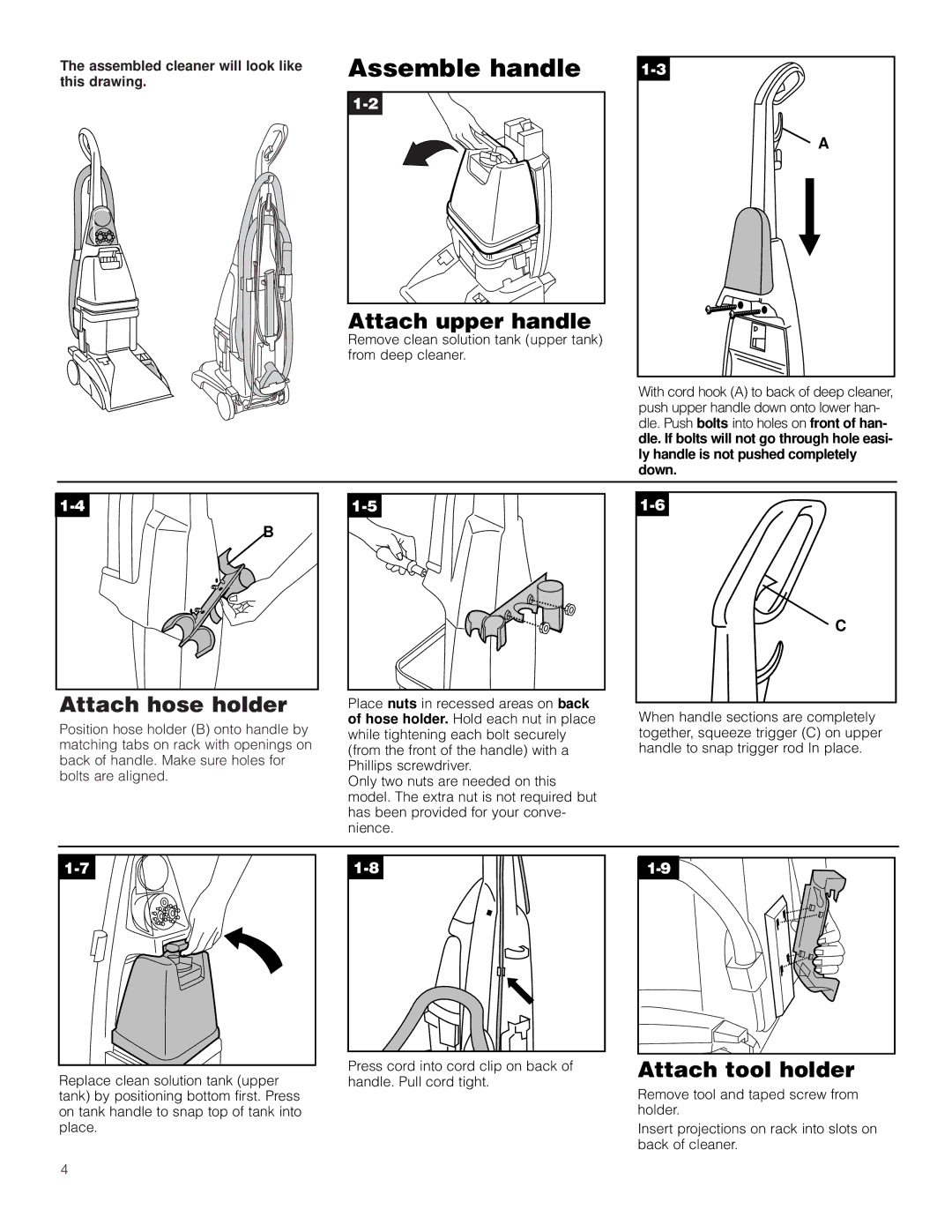 Hoover LS manual Assemble handle, Attach upper handle, Attach hose holder, Attach tool holder 