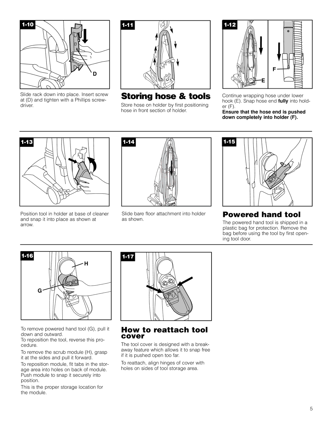 Hoover LS manual Storing hose & tools, Powered hand tool, How to reattach tool cover 